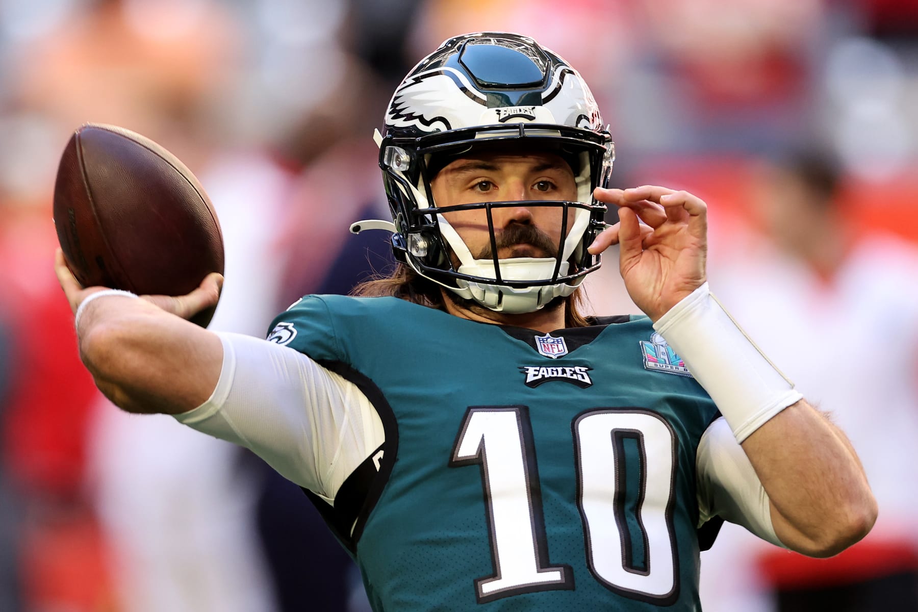 GLENDALE, ARIZONA - FEBRUARY 12: Gardner Minshew #10 of the Philadelphia Eagles warms up prior to playing the Kansas City Chiefs in Super Bowl LVII at State Farm Stadium on February 12, 2023 in Glendale, Arizona. (Photo by Gregory Shamus/Getty Images)