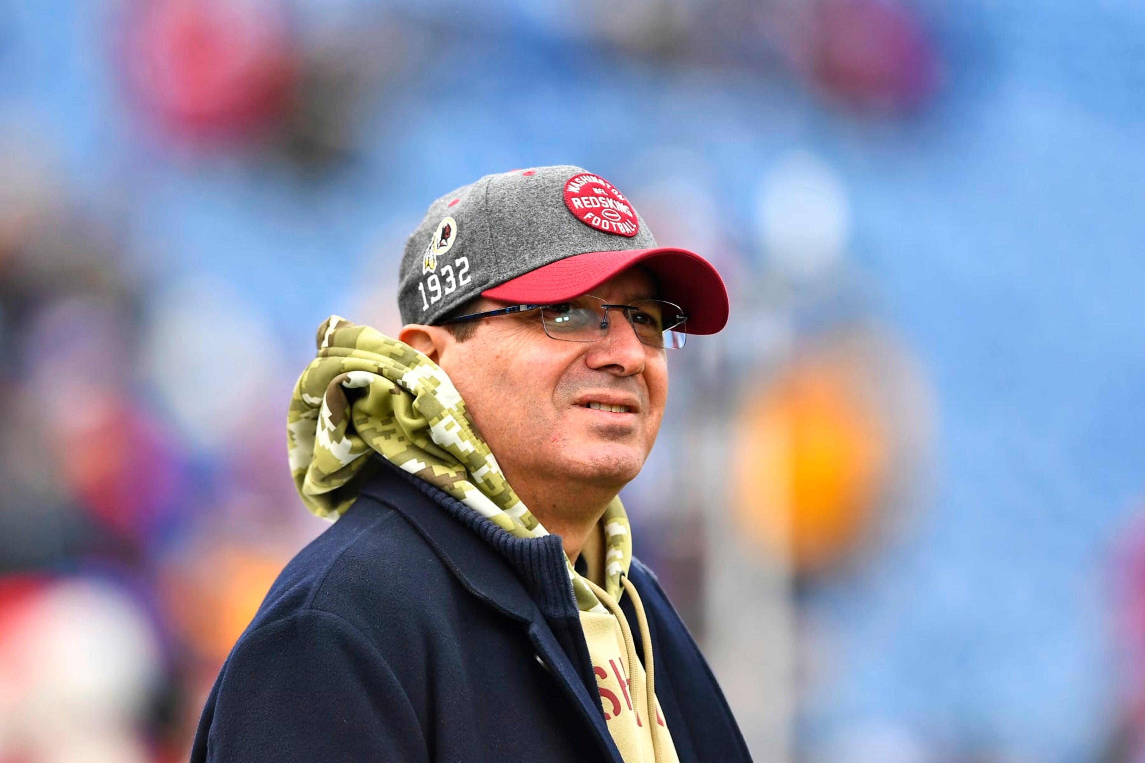 FILE - In this Nov. 3, 2019 file photo, Washington Redskins owner Daniel Snyder is shown before an NFL football game against the Buffalo Bills in Orchard Park, N.Y. Snyder has met with Maryland lawmakers to discuss allowing sports betting at a new stadium in the state. Sen. Guy Guzzone told reporters Wednesday, Jan. 22, 2020, that Snyder asked to be included in the sports betting realm. Snyder met with state lawmakers Tuesday, Jan. 21 in Annapolis. (AP Photo/Adrian Kraus, File)
