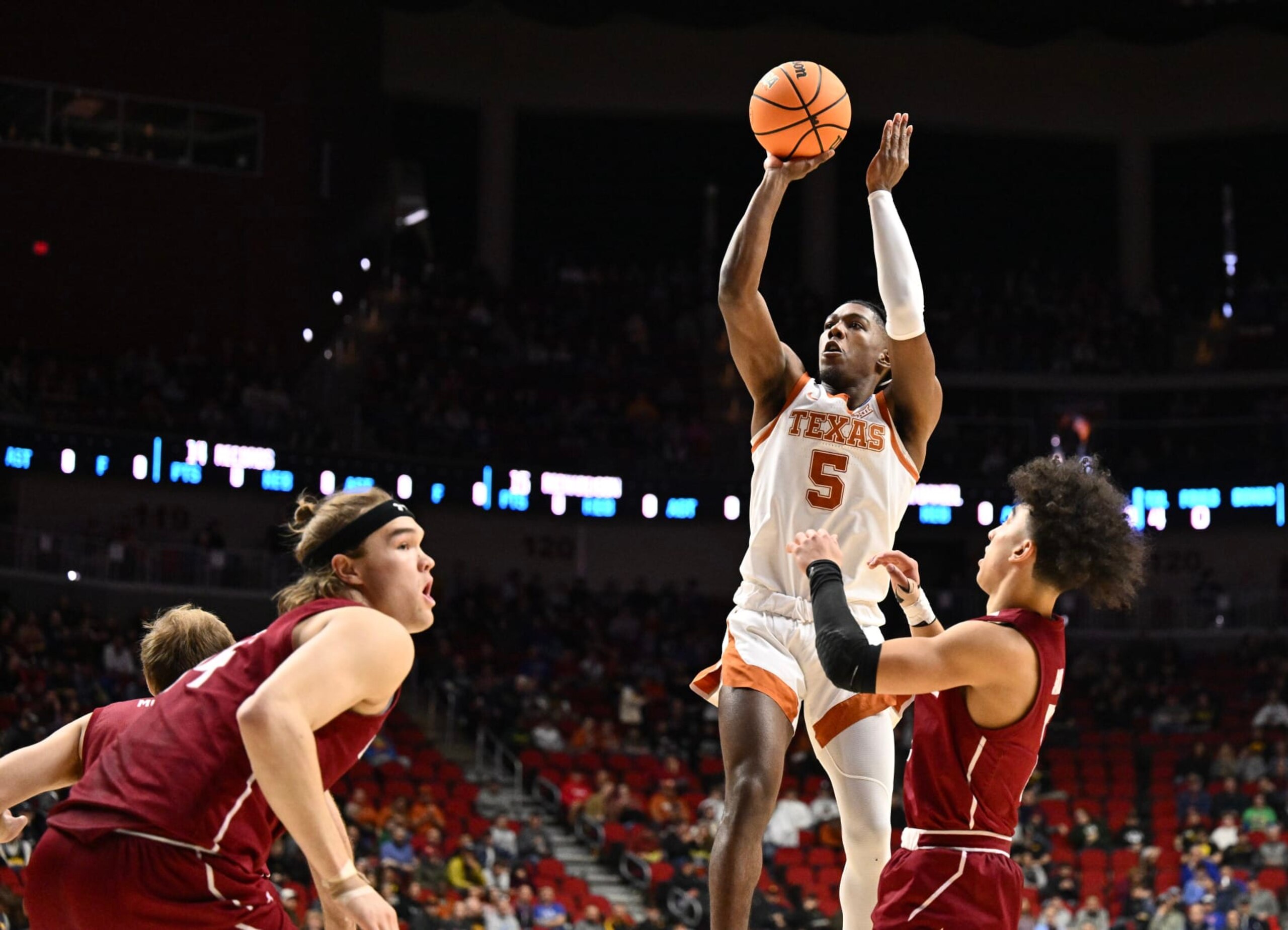 DES MOINES, IA - MARCH 16: Marcus Carr #5 of the Texas Longhorns shoots against the Colgate Raiders during the first round of the 2023 NCAA Men's Basketball Tournament held at Wells Fargo Arena on March 16, 2023 in Des Moines, Iowa. (Photo by Jamie Sabau/NCAA Photos via Getty Images)