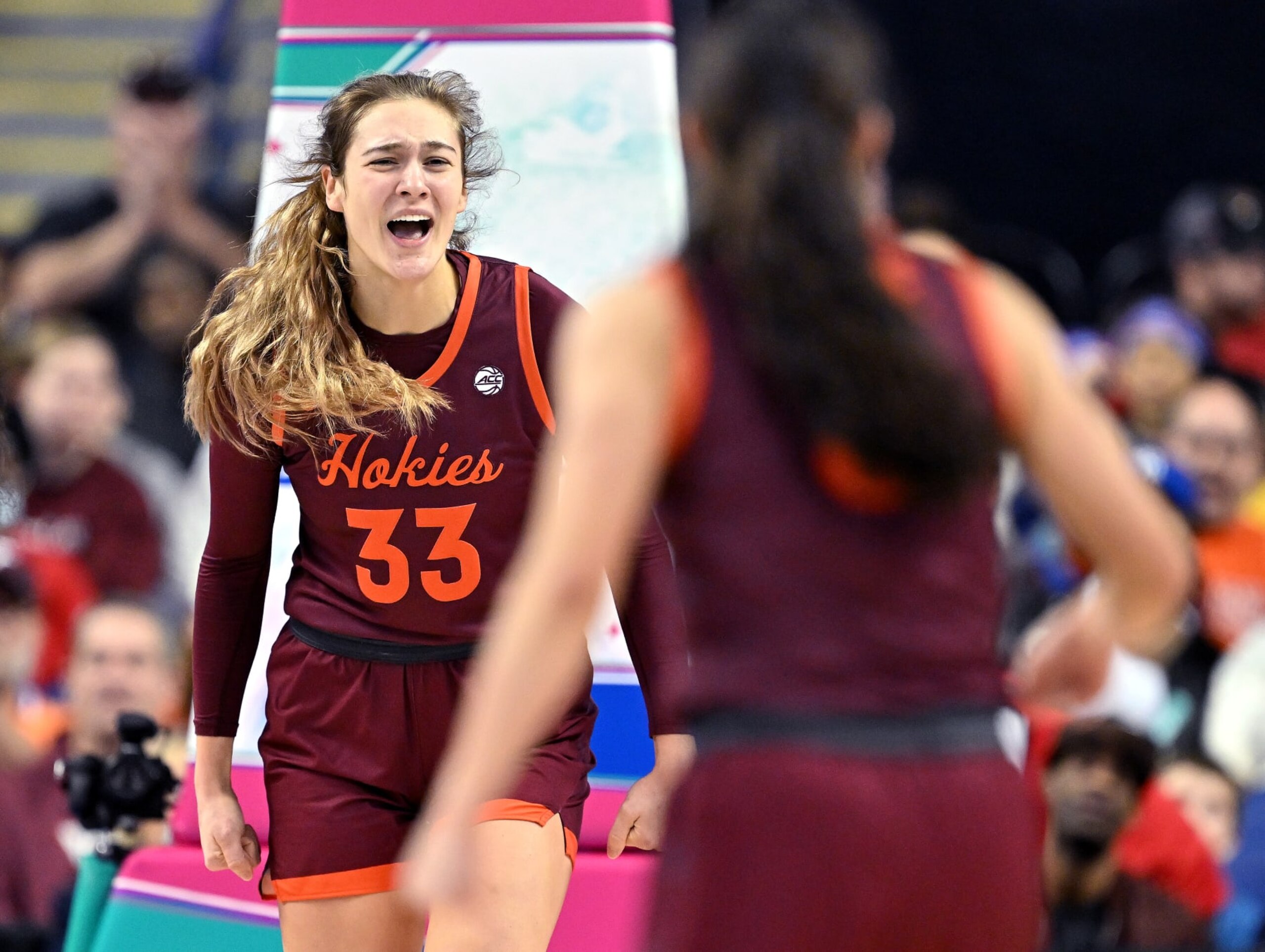 GREENSBORO, NORTH CAROLINA - MARCH 05: Elizabeth Kitley #33 of the Virginia Tech Hokies reacts during the first half of the ACC Women's Basketball Tournament Championship game against the Louisville Cardinals at Greensboro Coliseum on March 05, 2023 in Greensboro, North Carolina. (Photo by Grant Halverson/Getty Images)