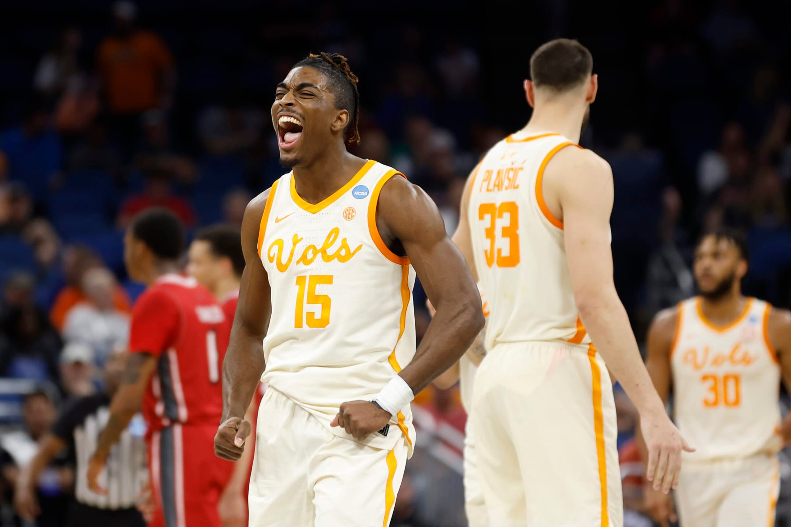 ORLANDO, FLORIDA - MARCH 16: Jahmai Mashack #15 of the Tennessee Volunteers reacts during the second half in the first round of the NCAA Men's Basketball Tournament against the Louisiana Lafayette Ragin Cajuns at Amway Center on March 16, 2023 in Orlando, Florida. (Photo by Mike Ehrmann/Getty Images)