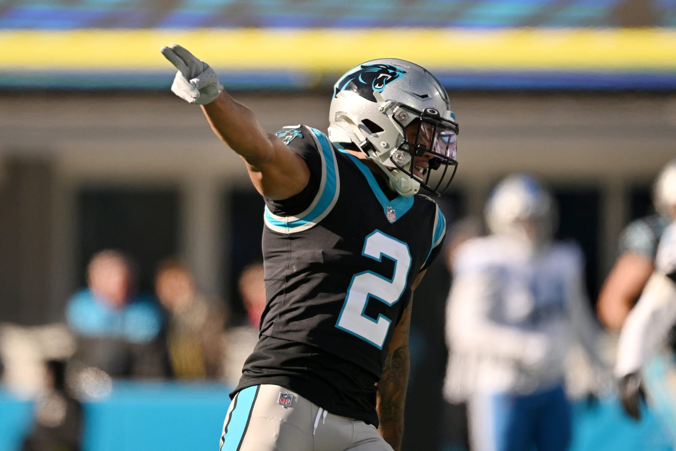CHARLOTTE, NORTH CAROLINA - DECEMBER 24: DJ Moore #2 of the Carolina Panthers reacts after a catch during the second quarter of the game against the Detroit Lions at Bank of America Stadium on December 24, 2022 in Charlotte, North Carolina. (Photo by Grant Halverson/Getty Images)