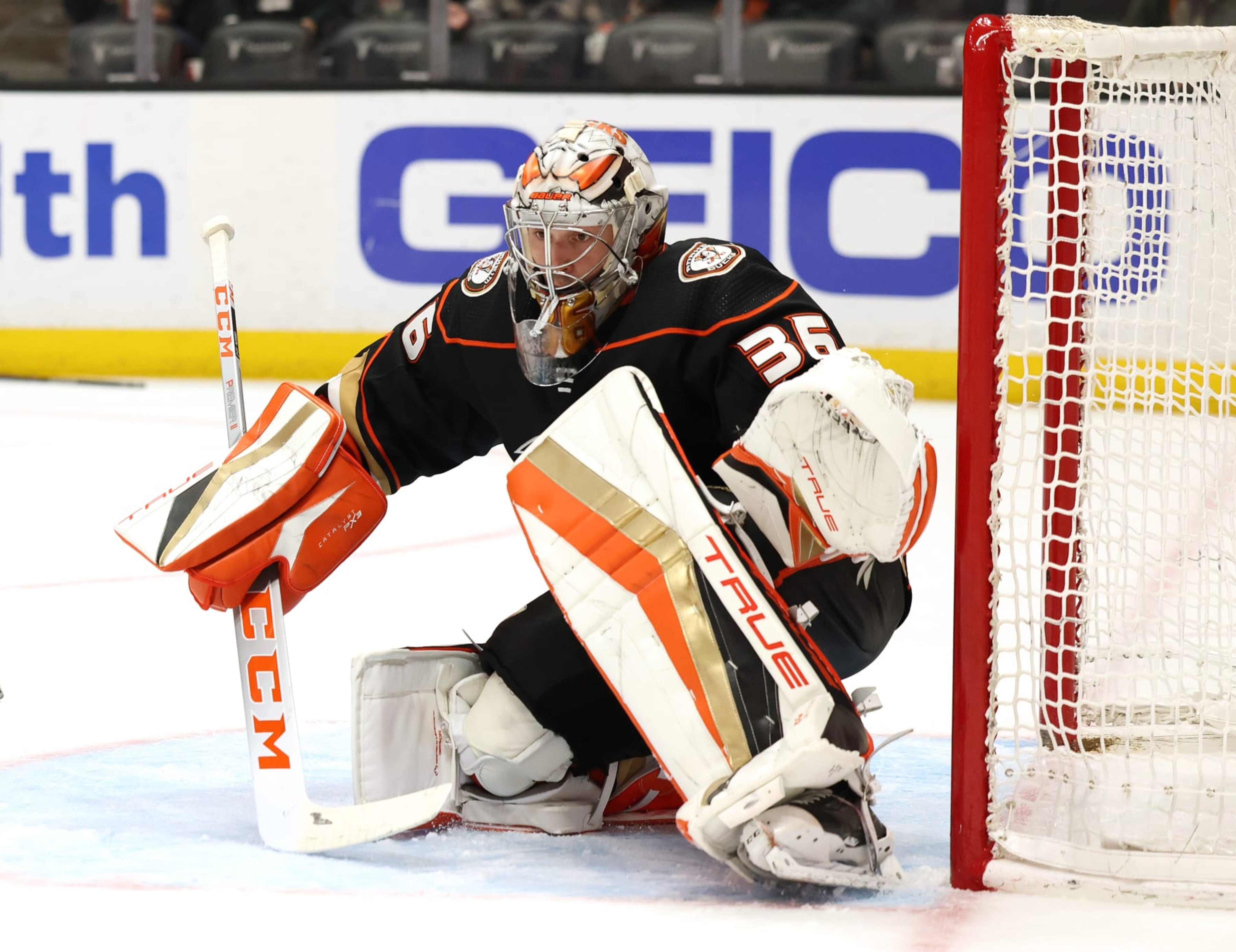 ANAHEIM, CALIFORNIA - MARCH 03: John Gibson #36 of the Anaheim Ducks in goal during a 3-2 Ducks win over the Montreal Canadiens at Honda Center on March 03, 2023 in Anaheim, California. (Photo by Harry How/Getty Images) ANAHEIM, CALIFORNIA - MARCH 03: John Gibson #36 of the Anaheim Ducks in goal during a 3-2 Ducks win over the Montreal Canadiens at Honda Center on March 03, 2023 in Anaheim, California. (Photo by Harry How/Getty Images)