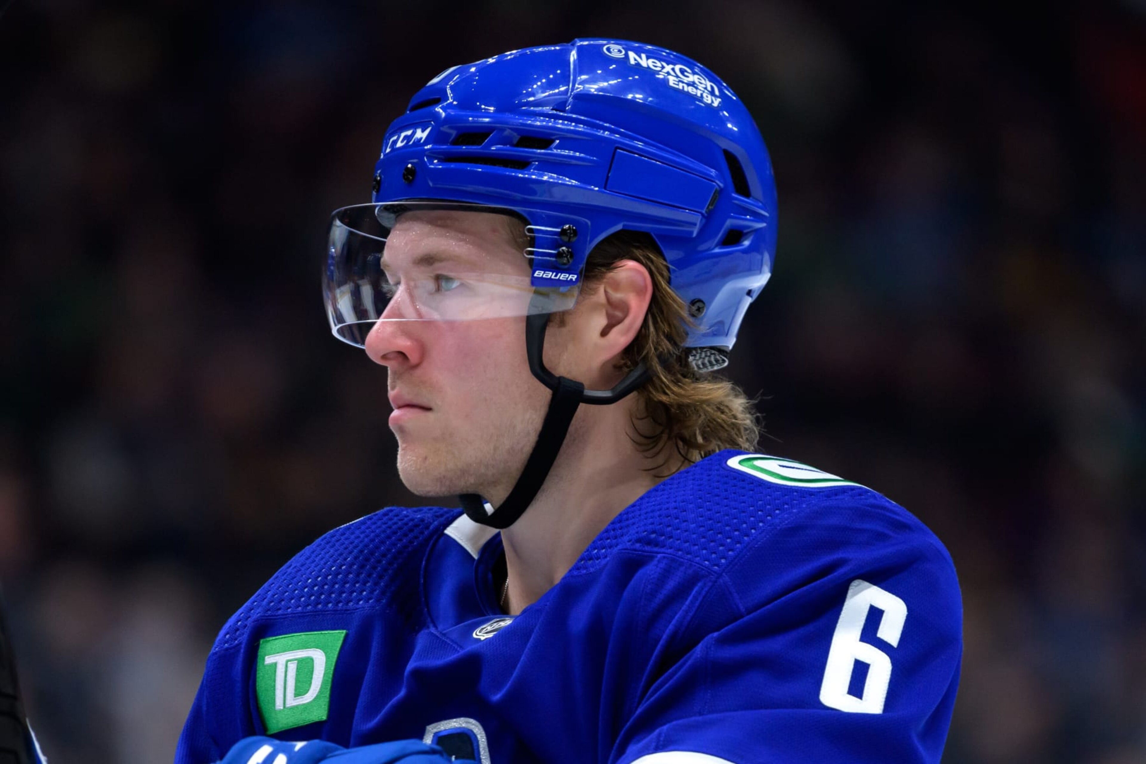 VANCOUVER, BC - MARCH 08: Vancouver Canucks right wing Brock Boeser (6) waits for a face-off during their NHL game against the Anaheim Ducks at Rogers Arena on March 8, 2023 in Vancouver, British Columbia, Canada. (Photo by Derek Cain/Icon Sportswire via Getty Images) VANCOUVER, BC - MARCH 08: Vancouver Canucks right wing Brock Boeser (6) waits for a face-off during their NHL game against the Anaheim Ducks at Rogers Arena on March 8, 2023 in Vancouver, British Columbia, Canada. (Photo by Derek Cain/Icon Sportswire via Getty Images)