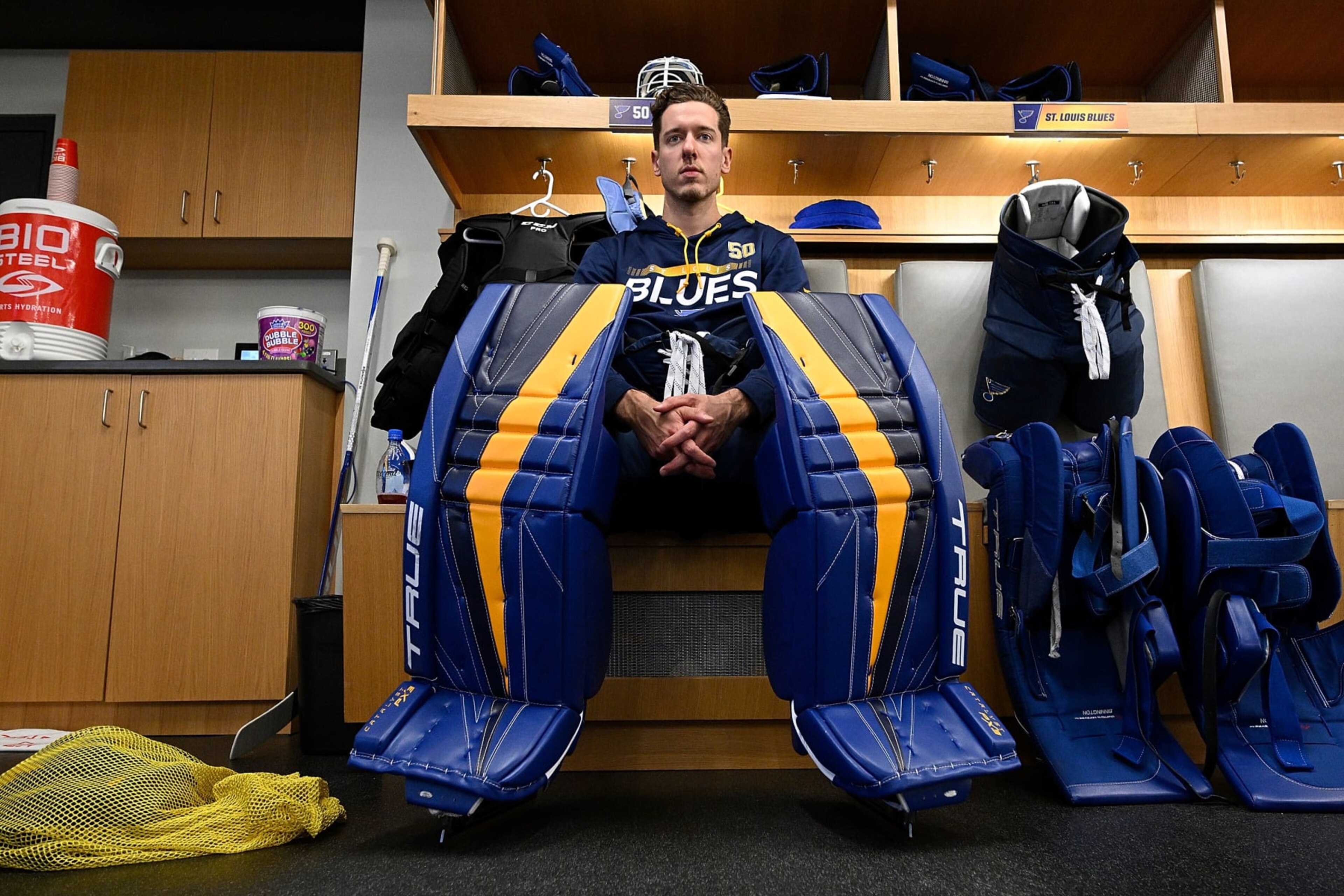 ST. LOUIS, MO - MARCH 15: Jordan Binnington #50 of the St. Louis Blues before warmups against the Minnesota Wild at the Enterprise Center on March 15, 2023 in St. Louis, Missouri. (Photo by Scott Rovak/NHLI via Getty Images) ST. LOUIS, MO - MARCH 15: Jordan Binnington #50 of the St. Louis Blues before warmups against the Minnesota Wild at the Enterprise Center on March 15, 2023 in St. Louis, Missouri. (Photo by Scott Rovak/NHLI via Getty Images)