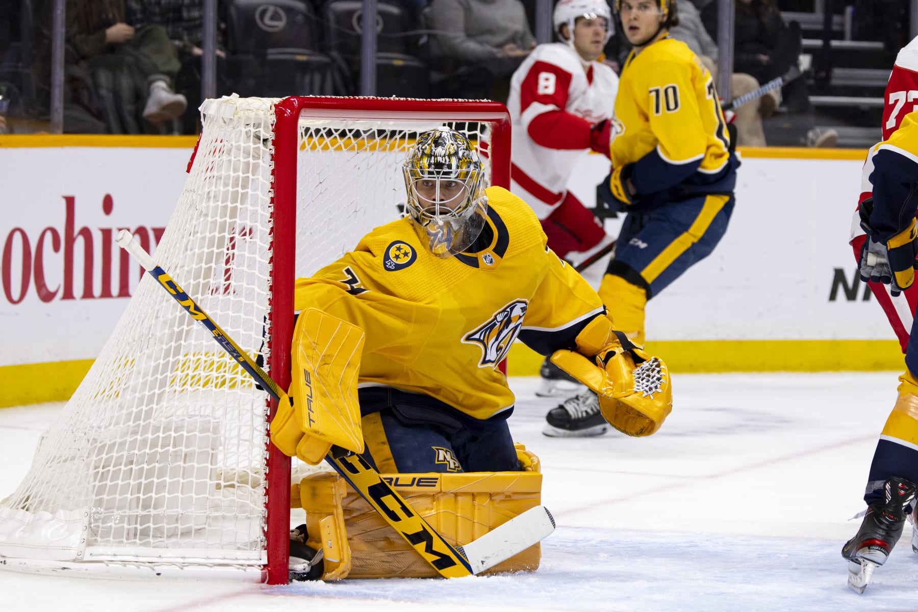 NASHVILLE, TN - MARCH 14:  Juuse Saros #74 of the Nashville Predators tends net against the Detroit Red Wings during the second period at Bridgestone Arena on March 14, 2023 in Nashville, Tennessee. (Photo by Brett Carlsen/Getty Images)
