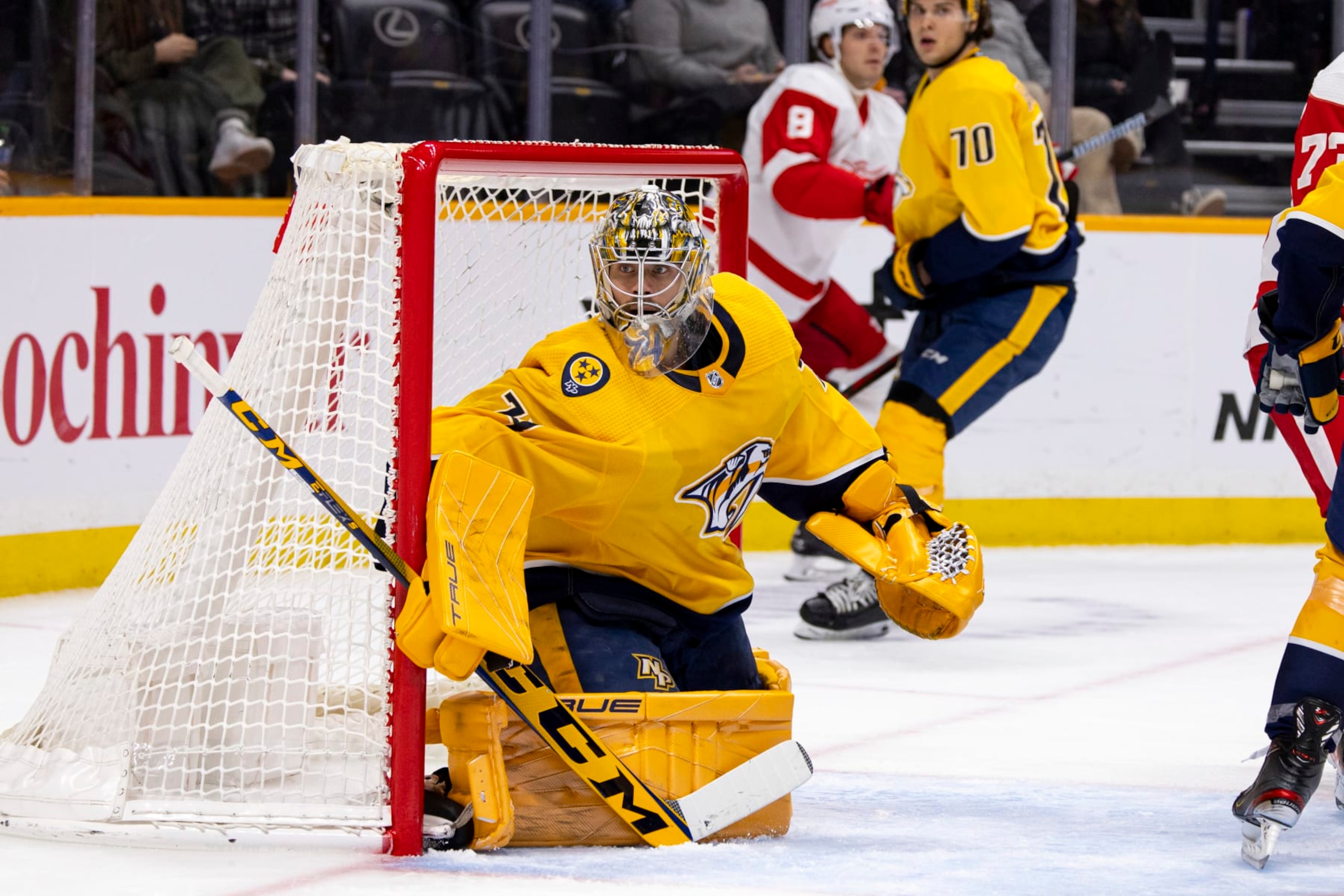 NASHVILLE, TN - MARCH 14:  Juuse Saros #74 of the Nashville Predators tends net against the Detroit Red Wings during the second period at Bridgestone Arena on March 14, 2023 in Nashville, Tennessee. (Photo by Brett Carlsen/Getty Images)