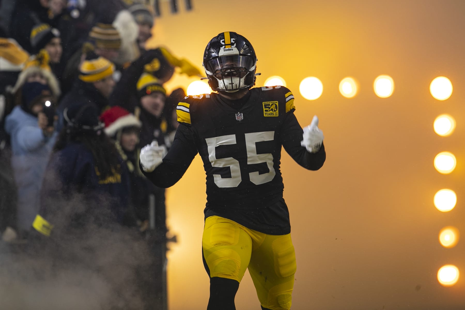 PITTSBURGH, PA - DECEMBER 24: Pittsburgh Steelers linebacker Devin Bush (55) is announced during the national football league game between the Las Vegas Raiders and the Pittsburgh Steelers on December 24, 2022 at Acrisure Stadium in Pittsburgh, PA. (Photo by Mark Alberti/Icon Sportswire via Getty Images)