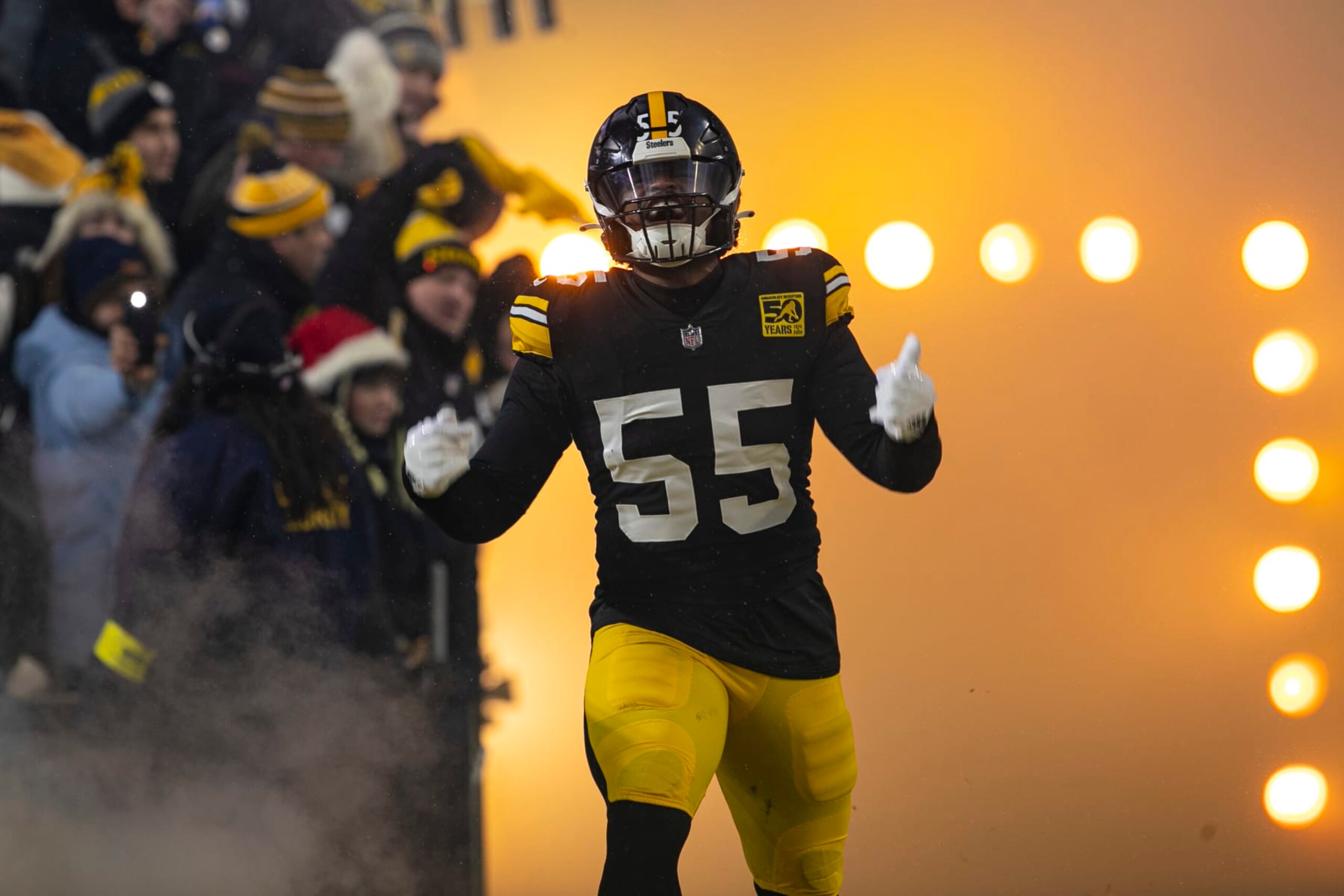 PITTSBURGH, PA - DECEMBER 24: Pittsburgh Steelers linebacker Devin Bush (55) is announced during the national football league game between the Las Vegas Raiders and the Pittsburgh Steelers on December 24, 2022 at Acrisure Stadium in Pittsburgh, PA. (Photo by Mark Alberti/Icon Sportswire via Getty Images)