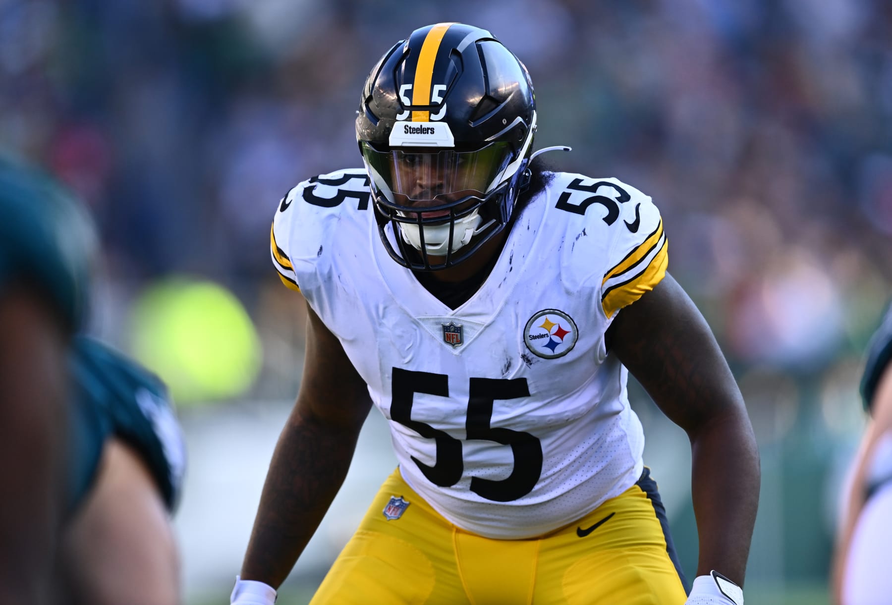 PHILADELPHIA, PA - OCTOBER 30: Pittsburgh Steelers Linebacker Devin Bush (55) in action in the fourth quarter during the game between the Pittsburgh Steelers and Philadelphia Eagles on October 30, 2022 at Lincoln Financial Field in Philadelphia, PA. (Photo by Kyle Ross/Icon Sportswire via Getty Images)