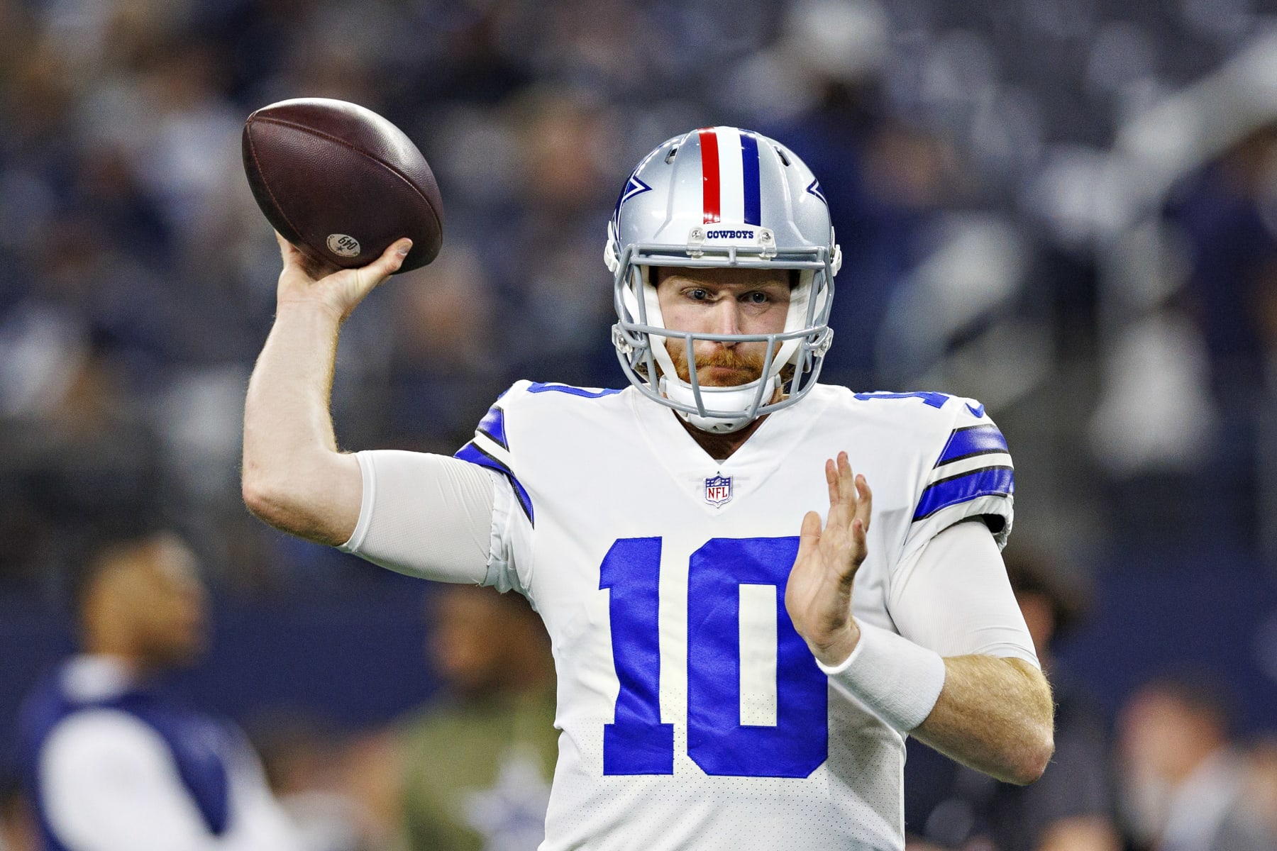 ARLINGTON, TEXAS - DECEMBER 4:  Cooper Rush #10 of the Dallas Cowboys warms up before a game against the Indianapolis Colts at AT&T Stadium on December 4, 2022 in Arlington, Texas. The Cowboys defeated the Colts 54-19. (Photo by Wesley Hitt/Getty Images)