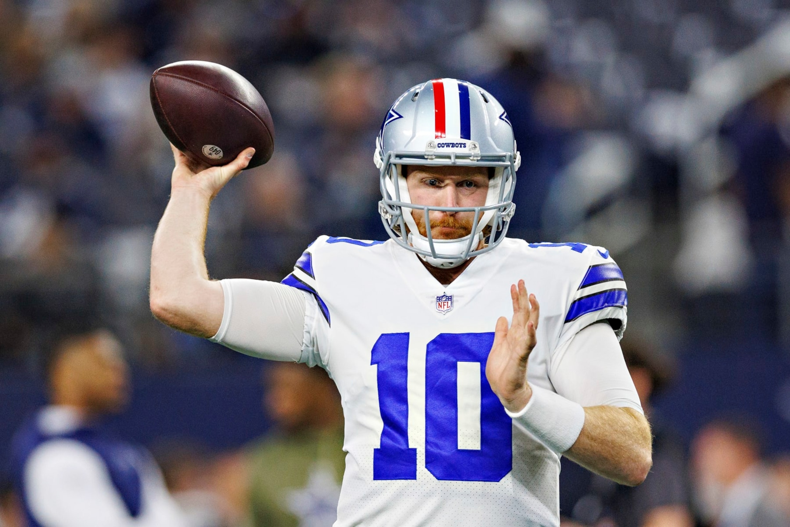 ARLINGTON, TEXAS - DECEMBER 4:  Cooper Rush #10 of the Dallas Cowboys warms up before a game against the Indianapolis Colts at AT&T Stadium on December 4, 2022 in Arlington, Texas. The Cowboys defeated the Colts 54-19. (Photo by Wesley Hitt/Getty Images)