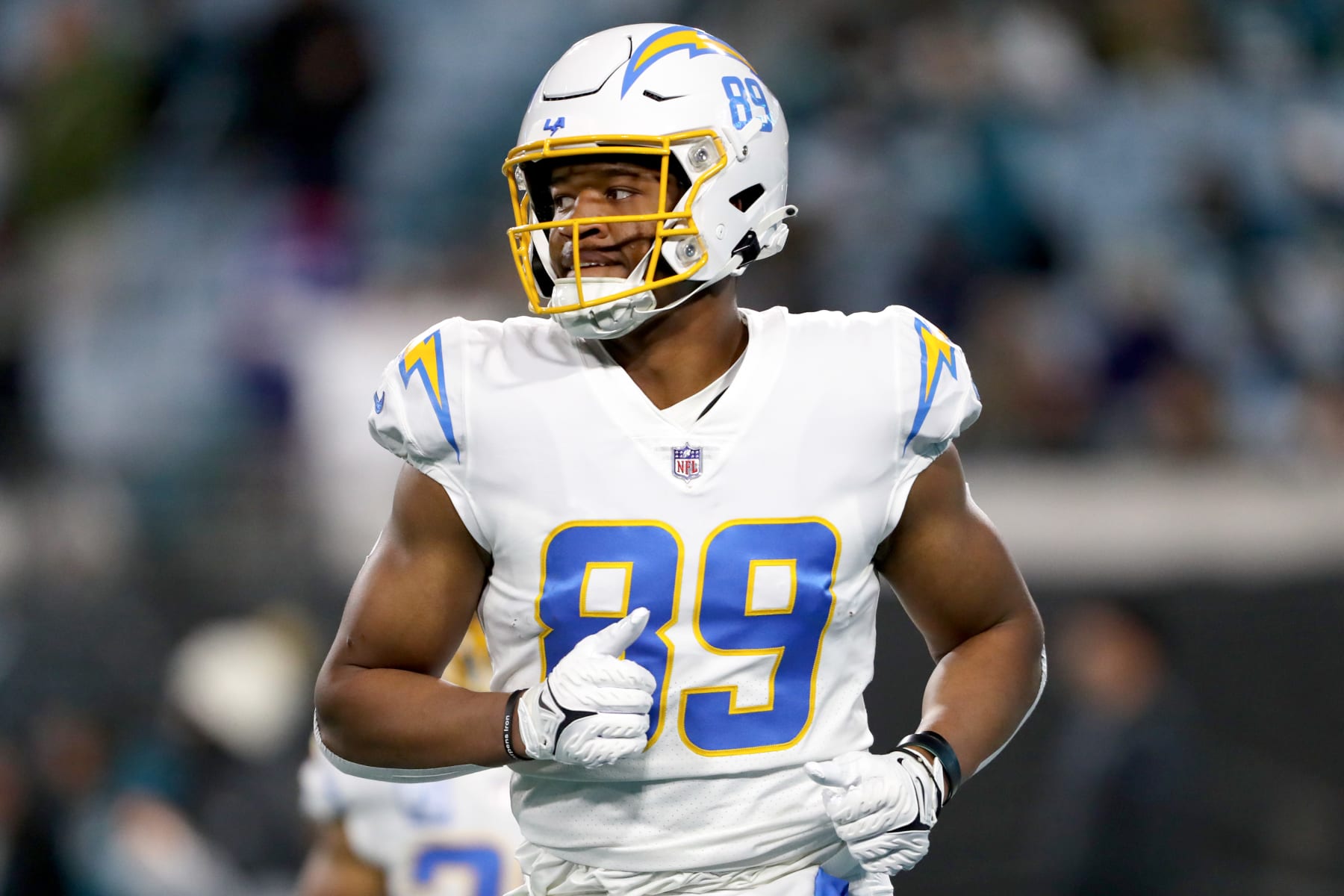 JACKSONVILLE, FLORIDA - JANUARY 14: Donald Parham Jr. #89 of the Los Angeles Chargers warms up prior to a game against the Jacksonville Jaguars in the AFC Wild Card playoff game at TIAA Bank Field on January 14, 2023 in Jacksonville, Florida. (Photo by Courtney Culbreath/Getty Images)