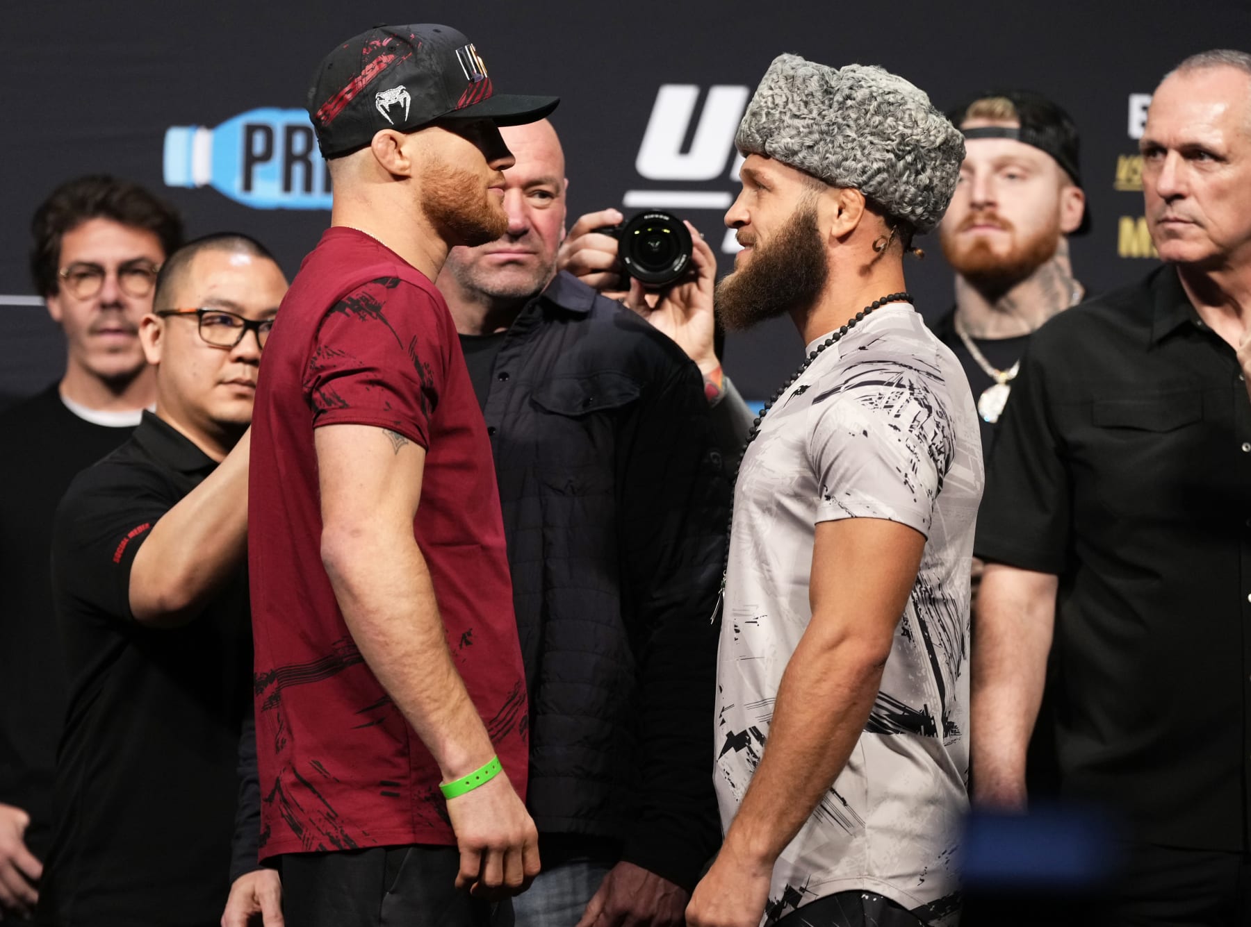 Justin Gaethje (left) squares off against Rafael Fiziev (right).