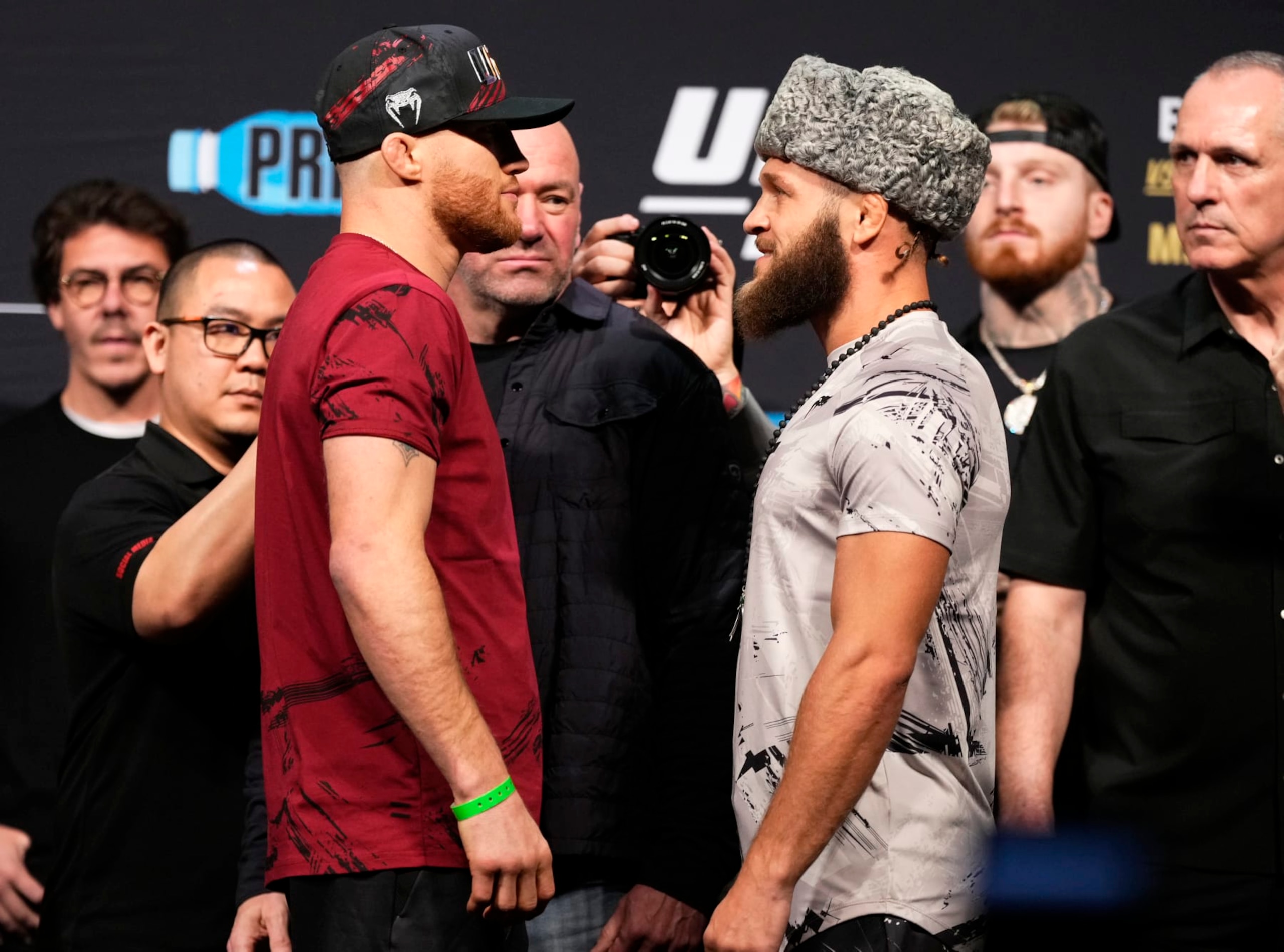 Justin Gaethje (left) squares off against Rafael Fiziev (right).