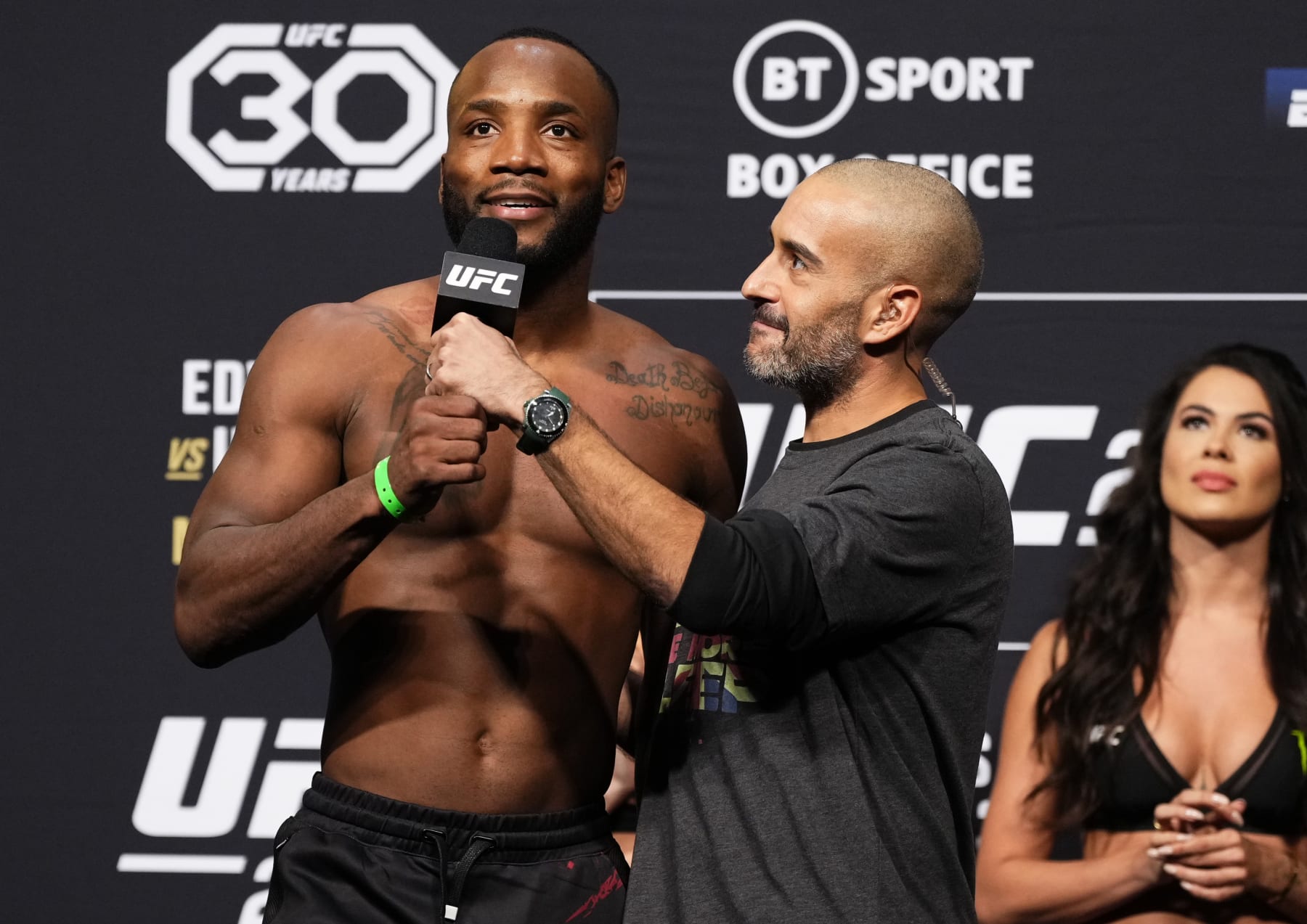 LONDON, ENGLAND - MARCH 17: Leon Edwards of Jamaica is interiewed on stage during the UFC 286 ceremonial weigh-in at The O2 Arena on March 17, 2023 in London, England. (Photo by Jeff Bottari/Zuffa LLC via Getty Images)