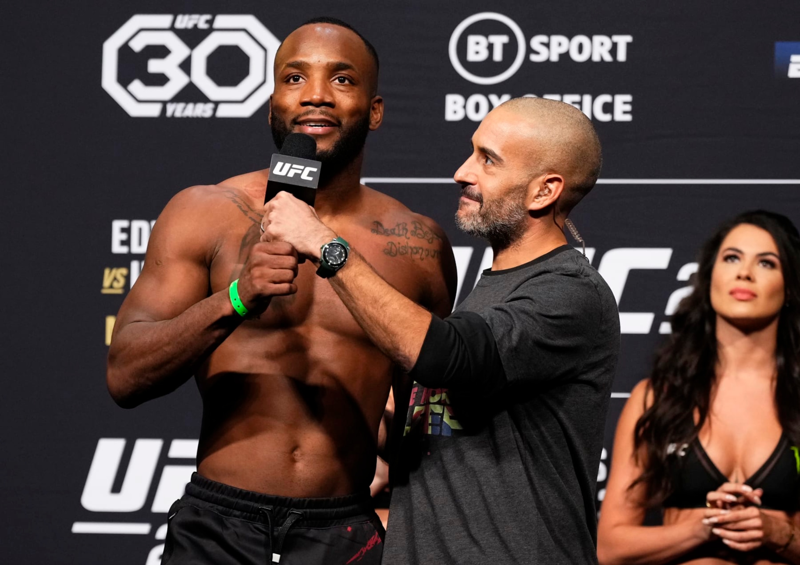 LONDON, ENGLAND - MARCH 17: Leon Edwards of Jamaica is interiewed on stage during the UFC 286 ceremonial weigh-in at The O2 Arena on March 17, 2023 in London, England. (Photo by Jeff Bottari/Zuffa LLC via Getty Images)
