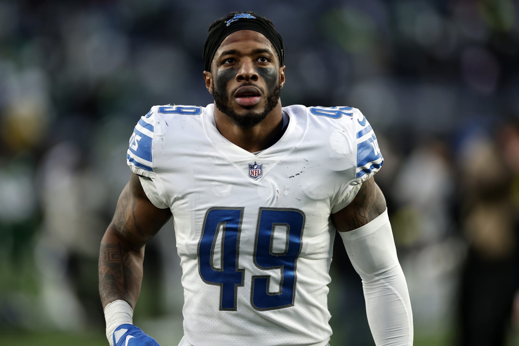 Detroit Lions linebacker Chris Board (49) walks off the field after defeating the New York Jets during an NFL football game Sunday, Dec. 18, 2022, in East Rutherford, N.J. (AP Photo/Adam Hunger)