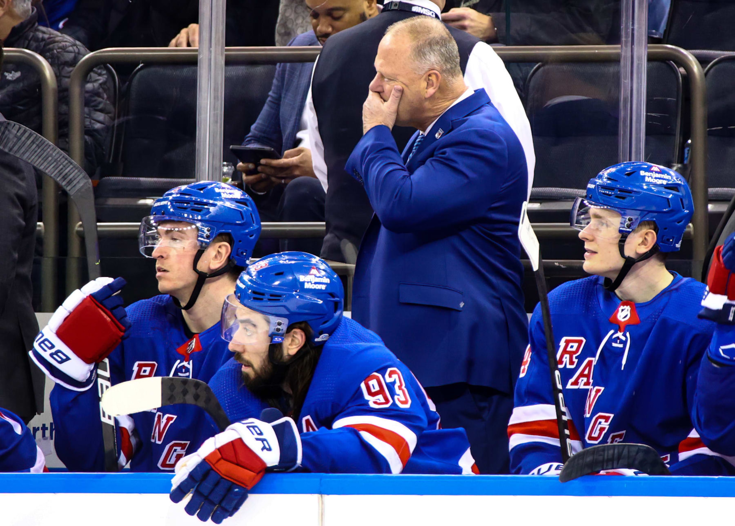 NEW YORK, NY - MARCH 14: New York Rangers Head Coach Gerard Gallant is pictured during the National Hockey League game between the Washington Capitals and the New York Rangers on March 14, 2023 at Madison Square Garden in New York, NY. (Photo by Joshua Sarner/Icon Sportswire via Getty Images)