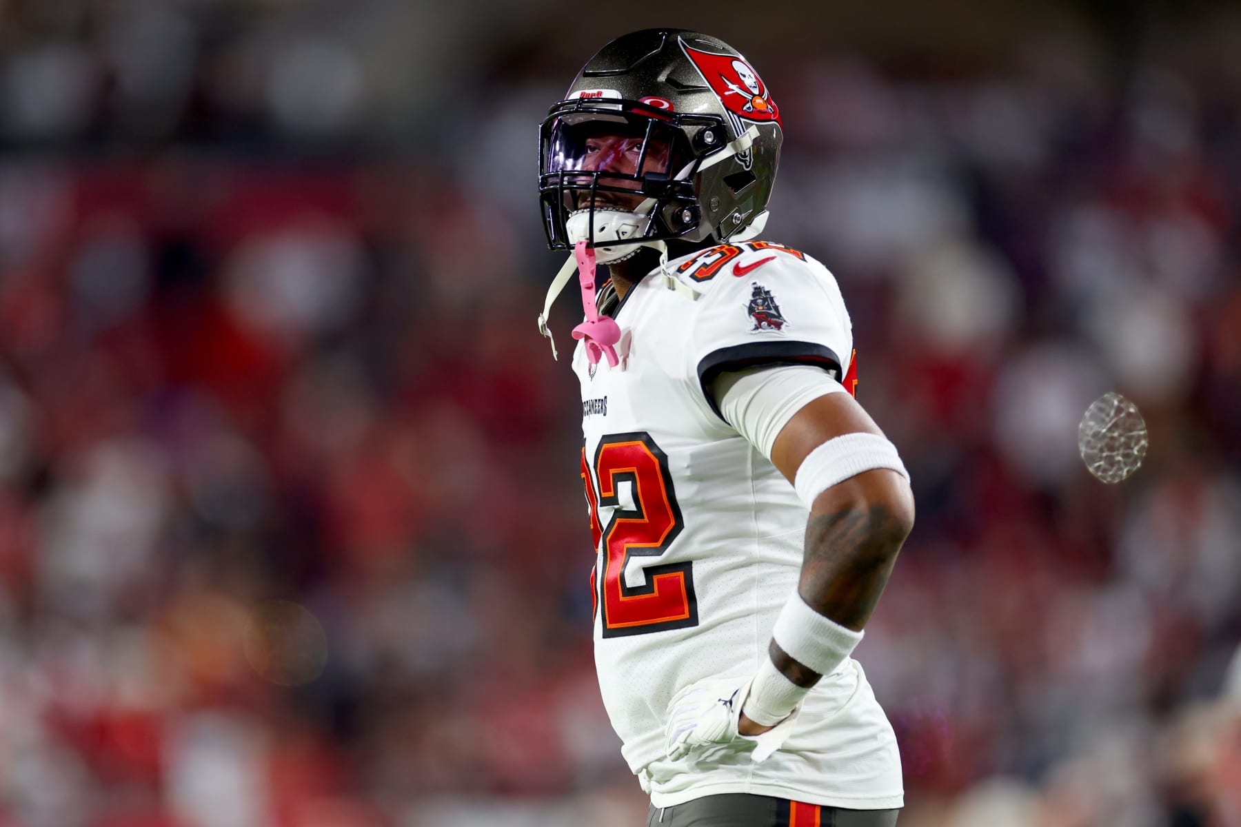TAMPA, FLORIDA - JANUARY 16: Mike Edwards #32 of the Tampa Bay Buccaneers warms up prior to a game against the Dallas Cowboys in the NFC Wild Card playoff game at Raymond James Stadium on January 16, 2023 in Tampa, Florida. (Photo by Mike Ehrmann/Getty Images)