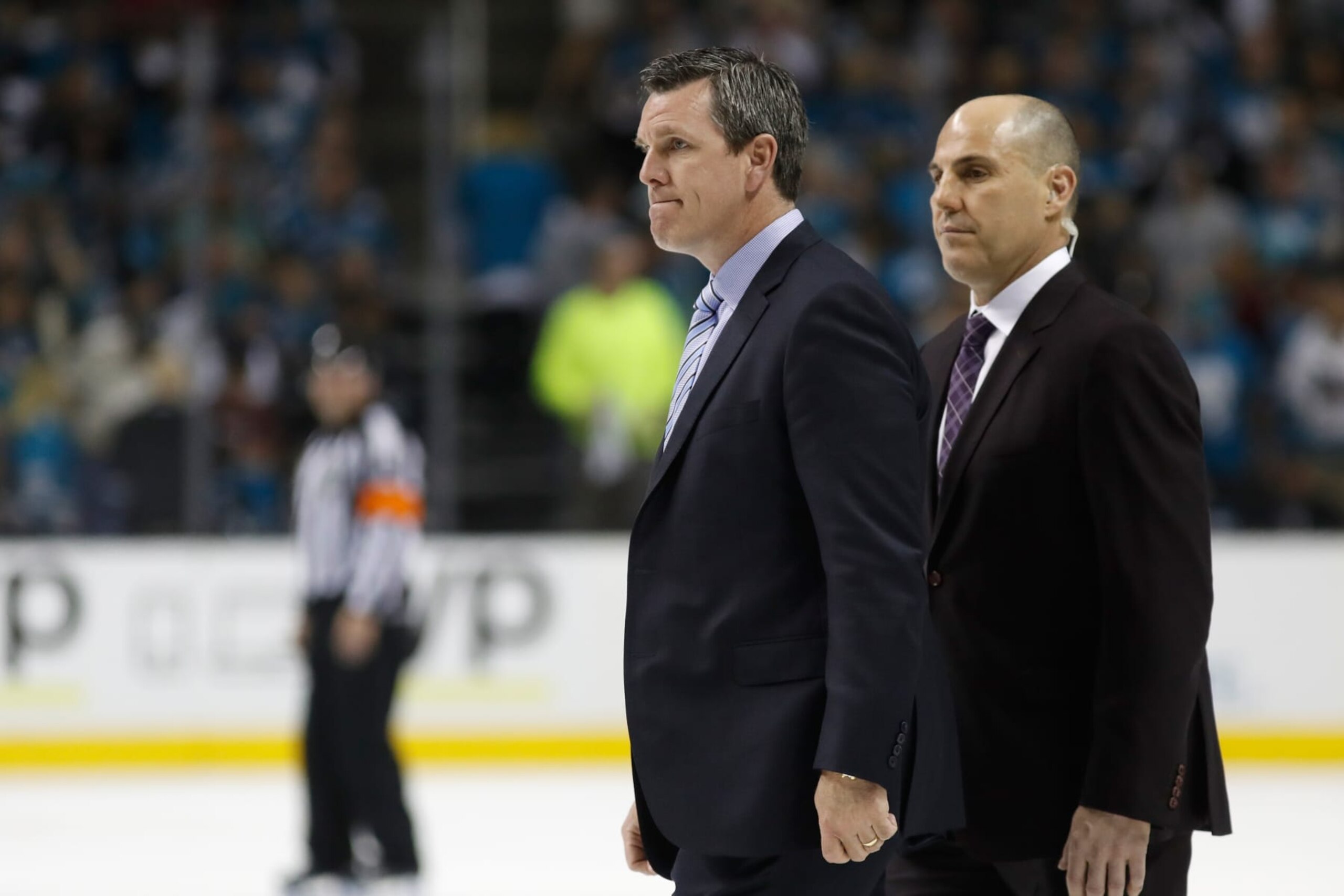SAN JOSE, CA - JUNE 04:  (L-R) Mike Sullivan and Rick Tocchet of the Pittsburgh Penguins walk off the ice after a 3-2 loss in overtime against the San Jose Sharks in Game Three of the 2016 NHL Stanley Cup Final at SAP Center on June 4, 2016 in San Jose, California.  (Photo by Christian Petersen/Getty Images)