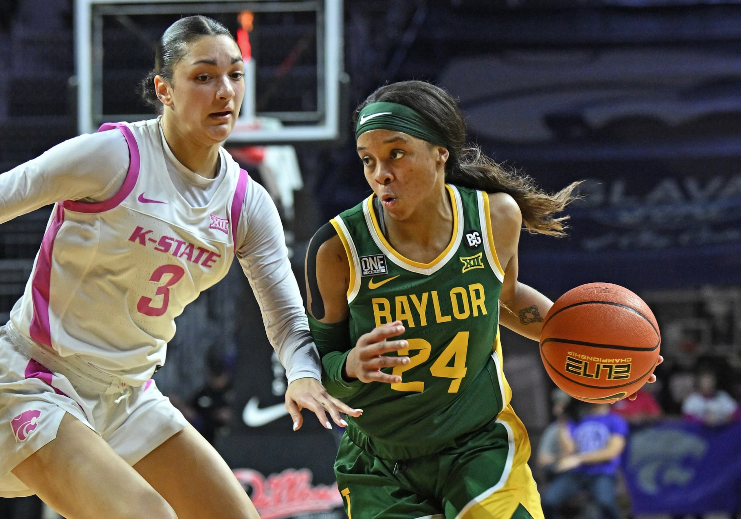 MANHATTAN, KS - FEBRUARY 15: Sarah Andrews #24 of the Baylor Bears drives with the ball against Jaelyn Glenn #3 of the Kansas State Wildcats during a game in the first half at Bramlage Coliseum on February 15, 2023 in Manhattan, Kansas. (Photo by Peter G. Aiken/Getty Images) MANHATTAN, KS - FEBRUARY 15: Sarah Andrews #24 of the Baylor Bears drives with the ball against Jaelyn Glenn #3 of the Kansas State Wildcats during a game in the first half at Bramlage Coliseum on February 15, 2023 in Manhattan, Kansas. (Photo by Peter G. Aiken/Getty Images)
