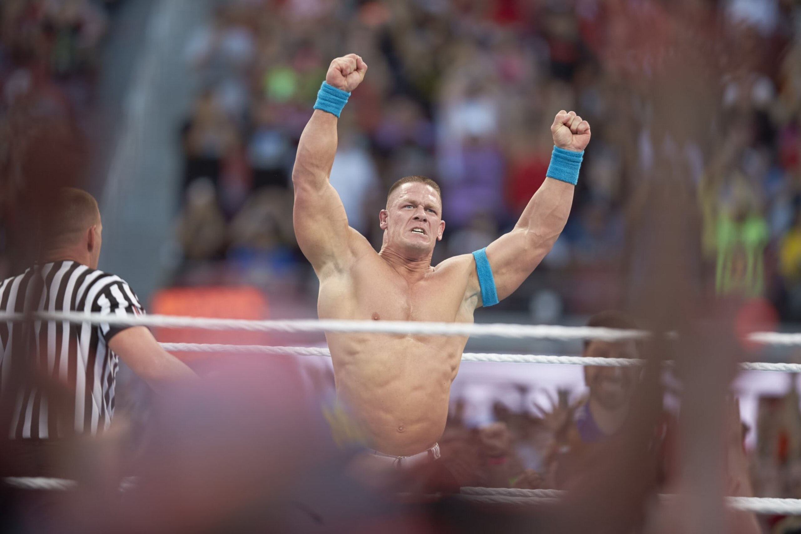 WWE Wrestling: WrestleMania 31: John Cena victorious in ring during event at Levi's Stadium.
Santa Clara, CA 3/29/2015
CREDIT: Jed Jacobsohn (Photo by Jed Jacobsohn /Sports Illustrated via Getty Images)
(Set Number: X159445 TK1 )