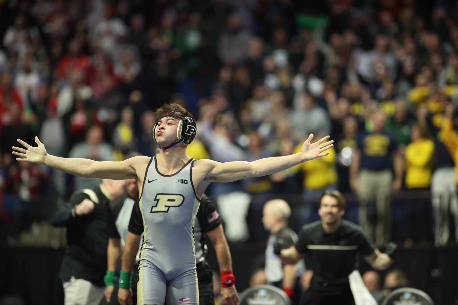 TULSA, OK - MARCH 17: Matt Ramos of Purdue celebrates his win by fall over Spencer Lee of Iowa during the Division I Mens Wrestling Championship held at the BOK Center on March 17, 2023 in Tulsa, Oklahoma. (Photo by Shane Bevel/NCAA Photos via Getty Images)