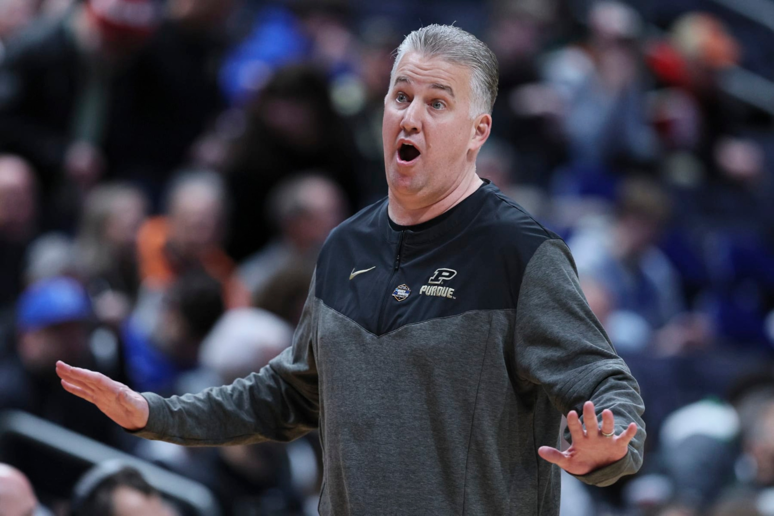 COLUMBUS, OHIO - MARCH 17: Head coach Matt Painter of the Purdue Boilermakers reacts to an officials call during the first half of a game against the Fairleigh Dickinson Knights in the first round game of the NCAA Men's Basketball Tournament at Nationwide Arena on March 17, 2023 in Columbus, Ohio. (Photo by Andy Lyons/Getty Images)