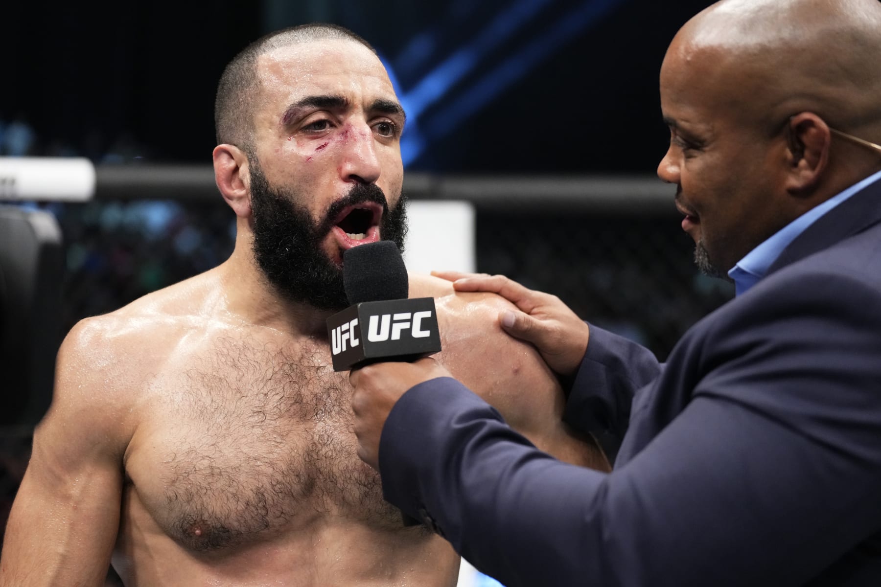 ABU DHABI, UNITED ARAB EMIRATES - OCTOBER 22: Belal Muhammad reacts after his TKO victory over Sean Brady in a welterweight fight during the UFC 280 event at Etihad Arena on October 22, 2022 in Abu Dhabi, United Arab Emirates. (Photo by Chris Unger/Zuffa LLC)