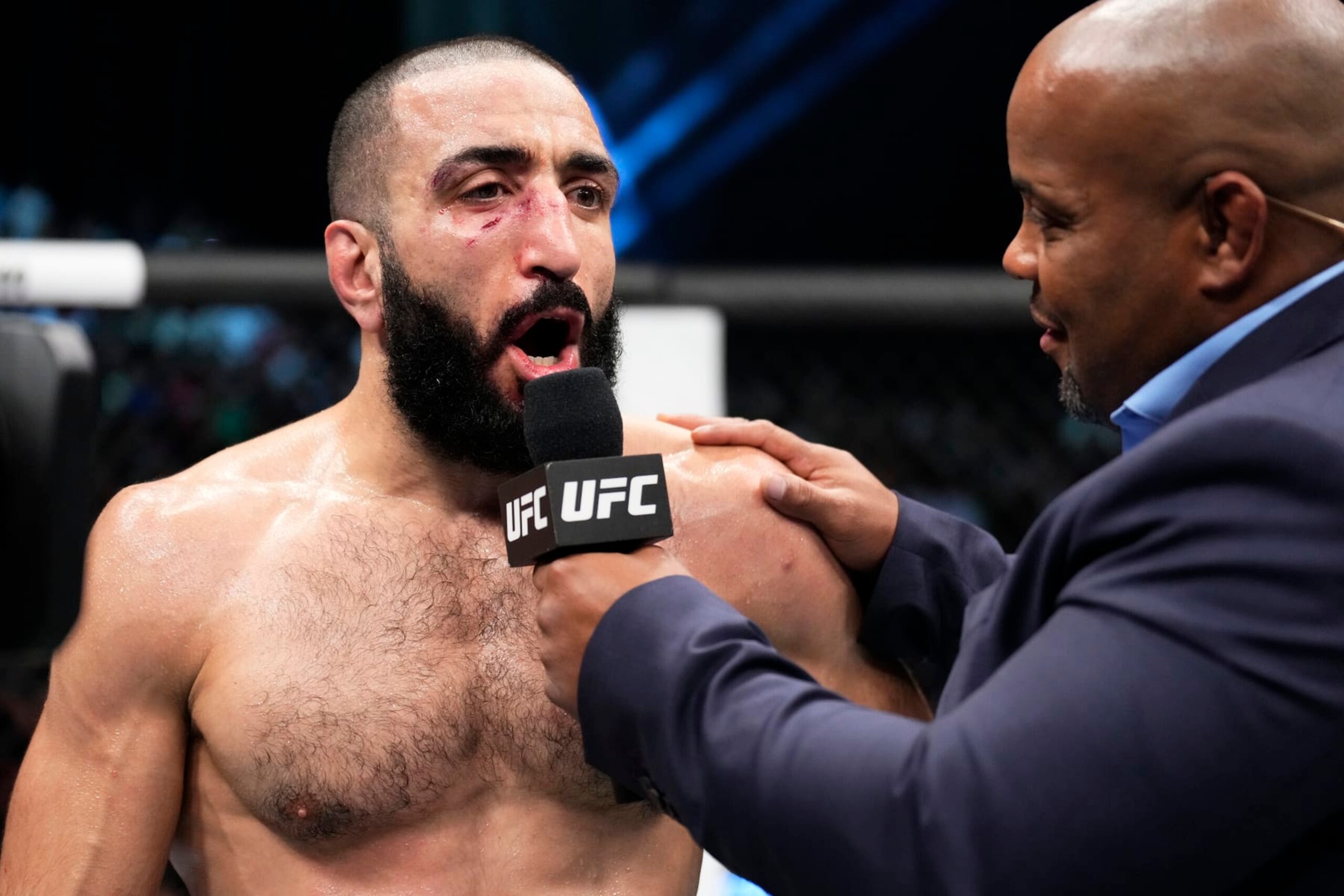 ABU DHABI, UNITED ARAB EMIRATES - OCTOBER 22: Belal Muhammad reacts after his TKO victory over Sean Brady in a welterweight fight during the UFC 280 event at Etihad Arena on October 22, 2022 in Abu Dhabi, United Arab Emirates. (Photo by Chris Unger/Zuffa LLC)