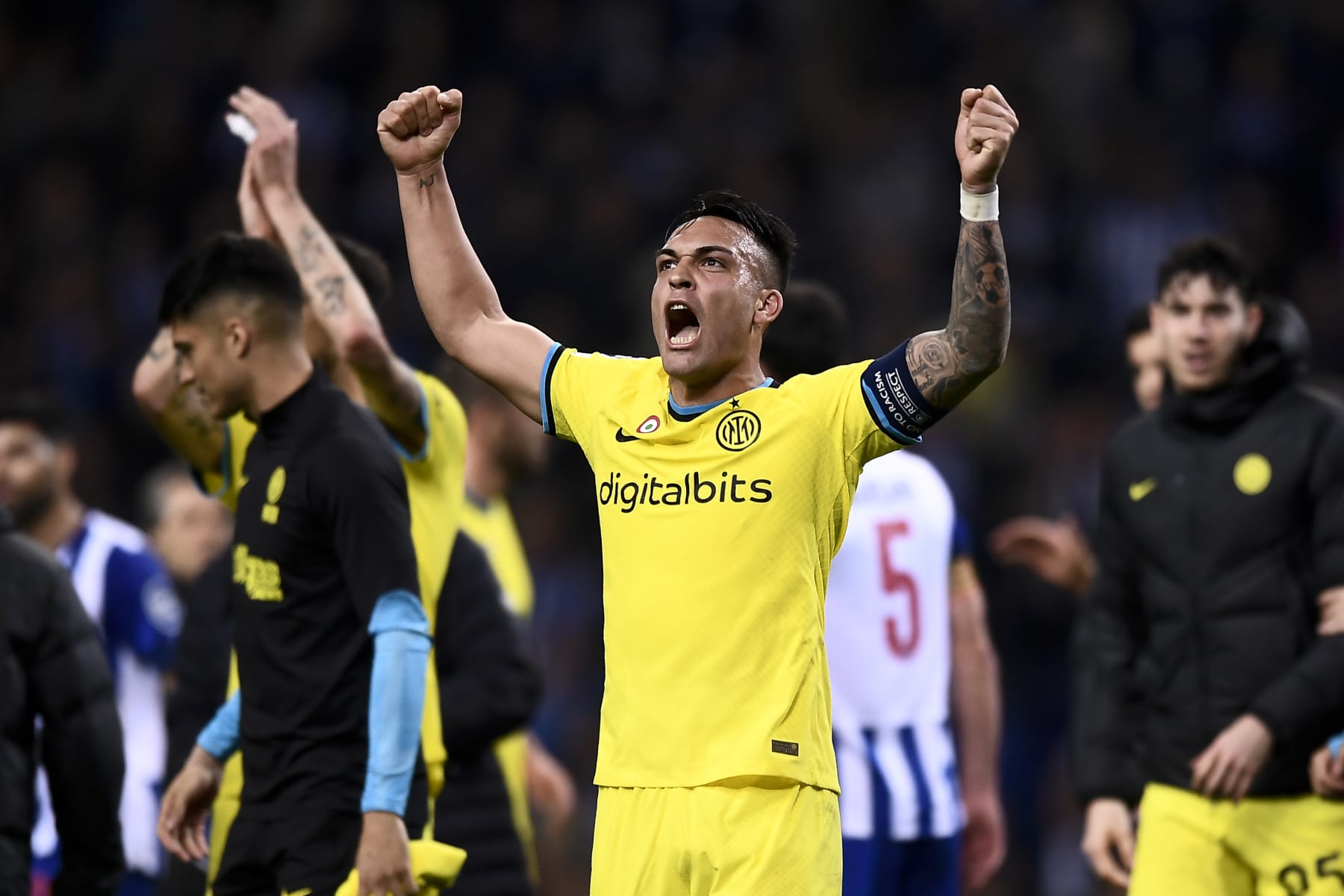 ESTADIO DO DRAGAO, PORTO, PORTUGAL - 2023/03/14: Lautaro Martinez of FC Internazionale celebrates at the end of the UEFA Champions League round of 16 football match between FC Porto and FC Internazionale. The match ended 0-0 tie, FC Internazionale won 1-0 on aggregate and moved on to the next round. (Photo by Nicolò Campo/LightRocket via Getty Images)