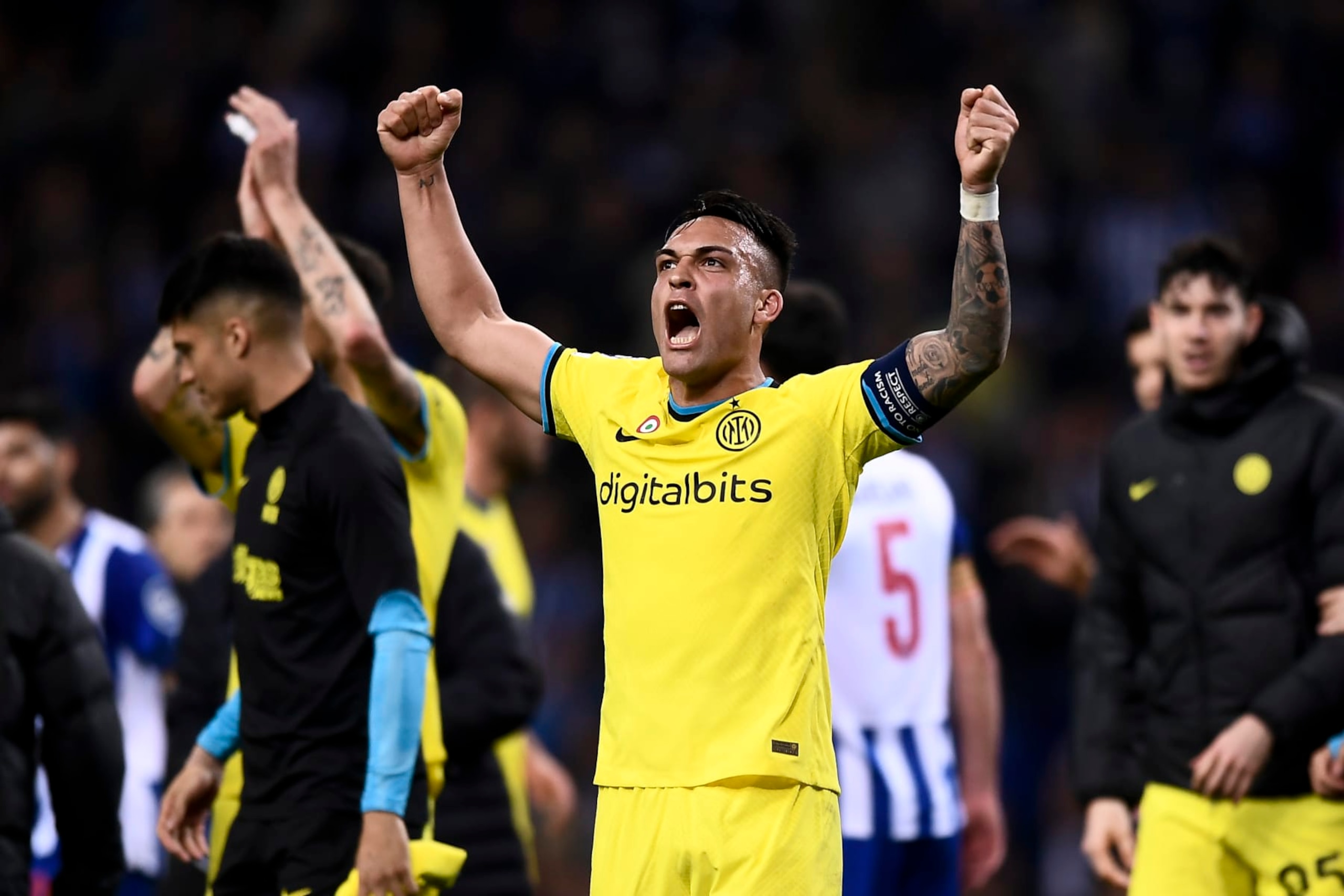 ESTADIO DO DRAGAO, PORTO, PORTUGAL - 2023/03/14: Lautaro Martinez of FC Internazionale celebrates at the end of the UEFA Champions League round of 16 football match between FC Porto and FC Internazionale. The match ended 0-0 tie, FC Internazionale won 1-0 on aggregate and moved on to the next round. (Photo by Nicolò Campo/LightRocket via Getty Images)