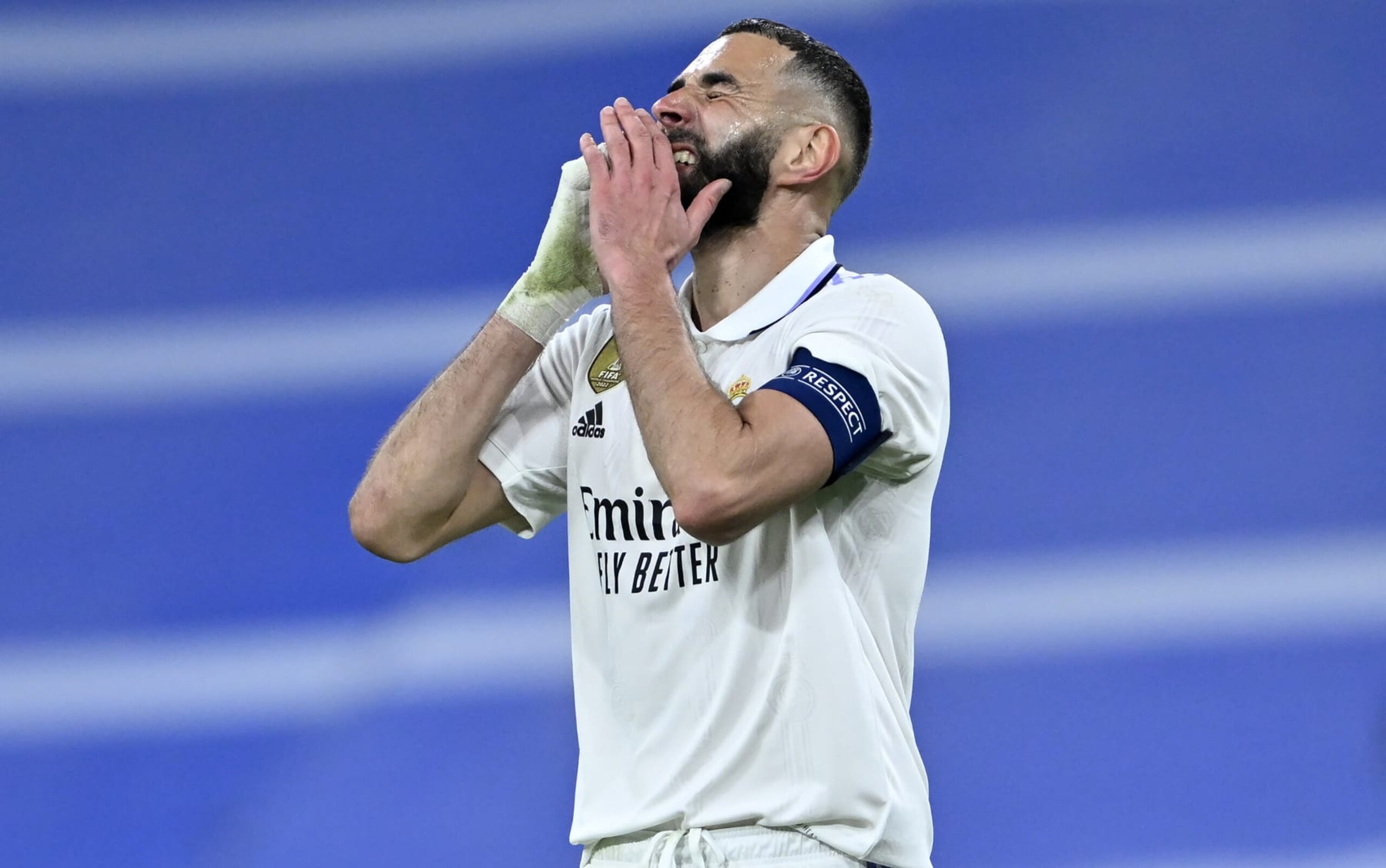 MADRID, SPAIN - MARCH 15: Karim Benzema of Real Madrid in action during the UEFA Champions League round of 16 second leg football match between Liverpool and Real Madrid at the Santiago Bernabeu Stadium in Madrid, Spain on March 15, 2023. (Photo by Burak Akbulut/Anadolu Agency via Getty Images)