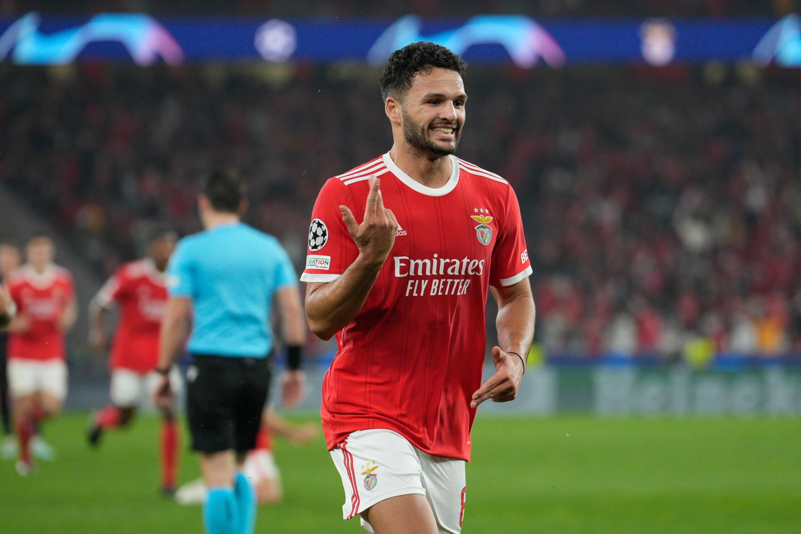 LISBON, PORTUGAL - 2023/03/07: Goncalo Ramos from SL Benfica celebrates a goal during the Round of 16, 2nd Leg UEFA Europa League football match between SL Benfica and Clube Brugge KV at Estadio da Luz.
Final score: SL Benfica 5:1 Clube Brugge KV. (Photo by Bruno de Carvalho/SOPA Images/LightRocket via Getty Images)
