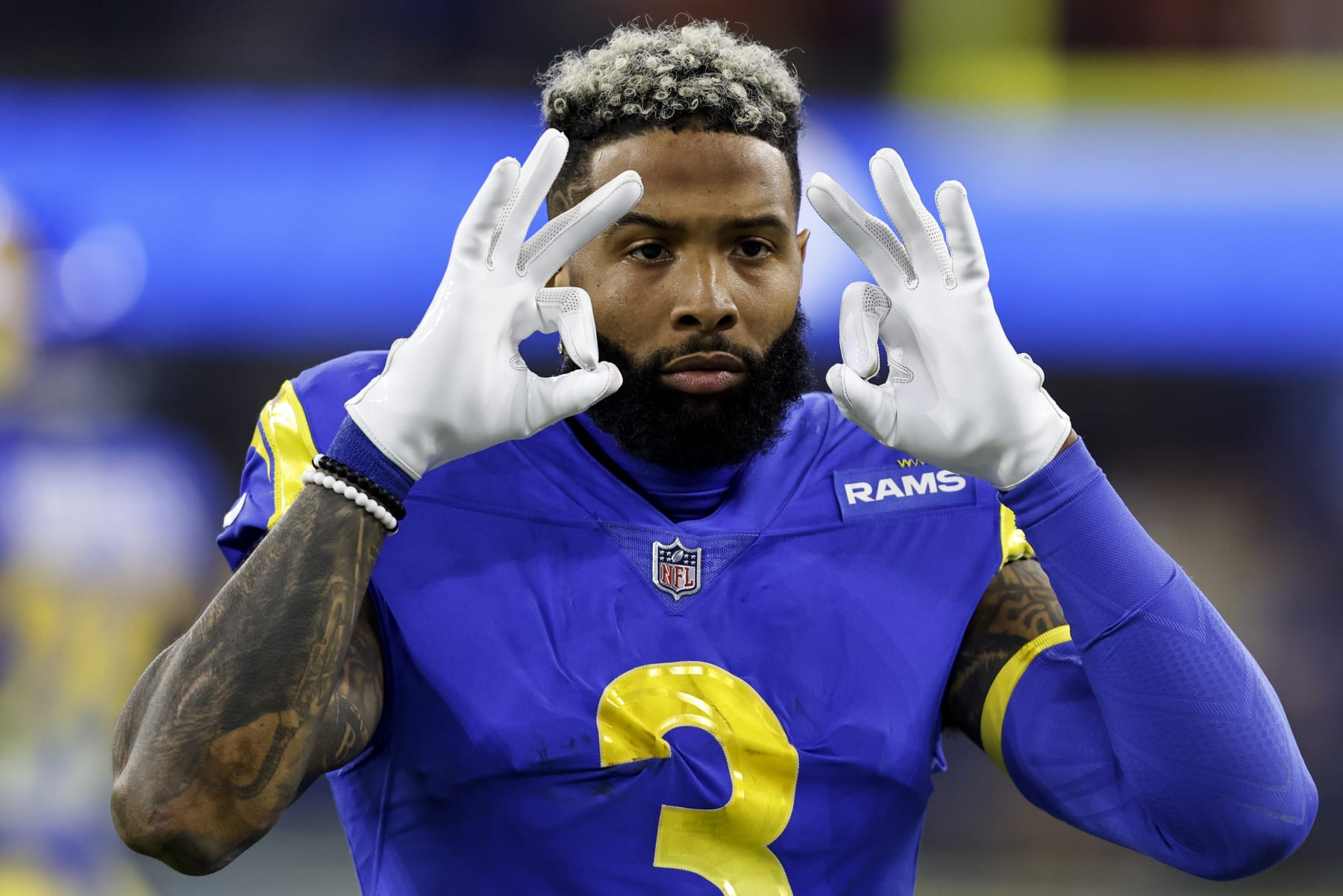 INGLEWOOD, CALIFORNIA - JANUARY 30: Odell Beckham Jr. #3 of the Los Angeles Rams reacts during the NFC Championship NFL football game against the San Francisco 49ers at SoFi Stadium on January 30, 2022 in Inglewood, California. The Rams won 20-17 to advance to the Super Bowl. (Photo by Michael Owens/Getty Images)