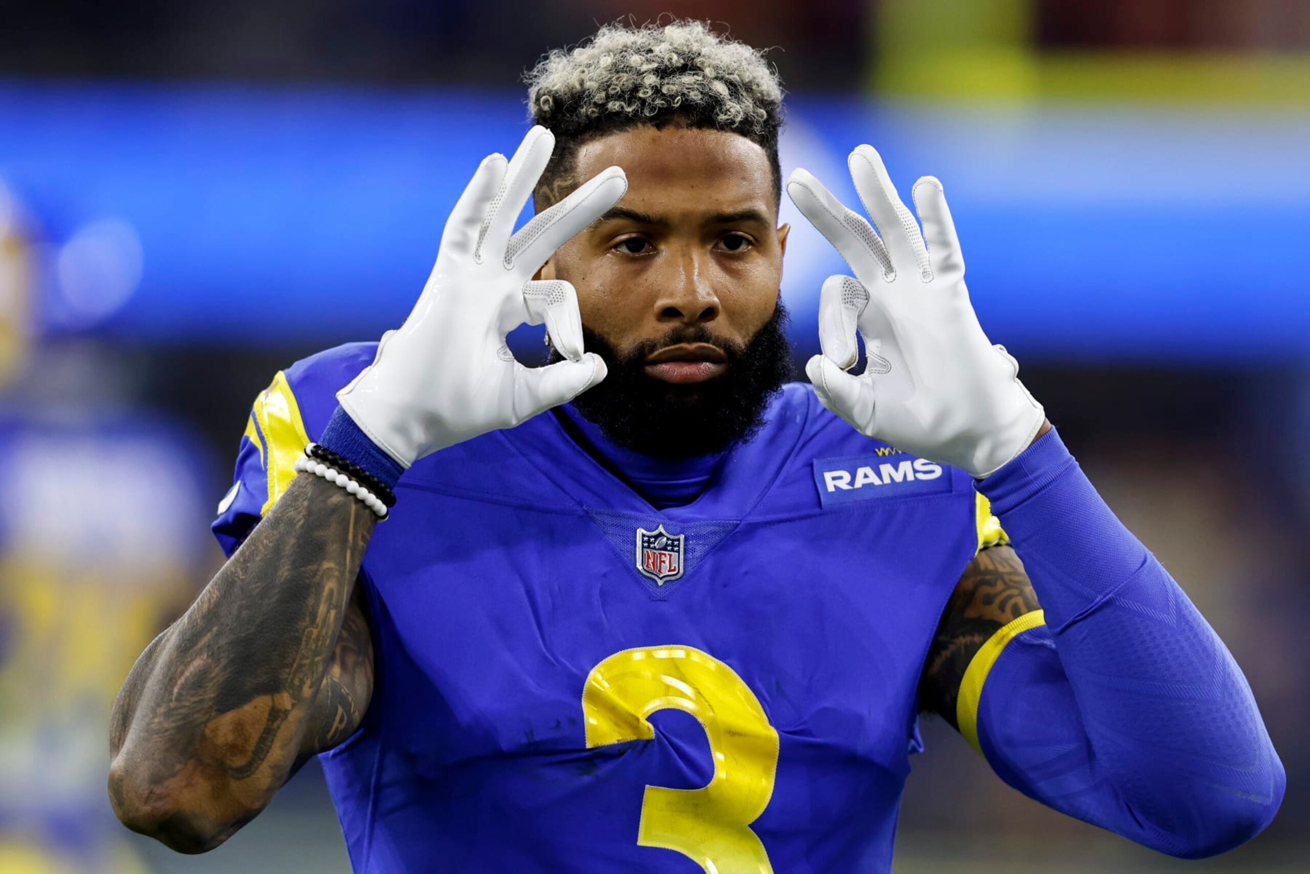INGLEWOOD, CALIFORNIA - JANUARY 30: Odell Beckham Jr. #3 of the Los Angeles Rams reacts during the NFC Championship NFL football game against the San Francisco 49ers at SoFi Stadium on January 30, 2022 in Inglewood, California. The Rams won 20-17 to advance to the Super Bowl. (Photo by Michael Owens/Getty Images)