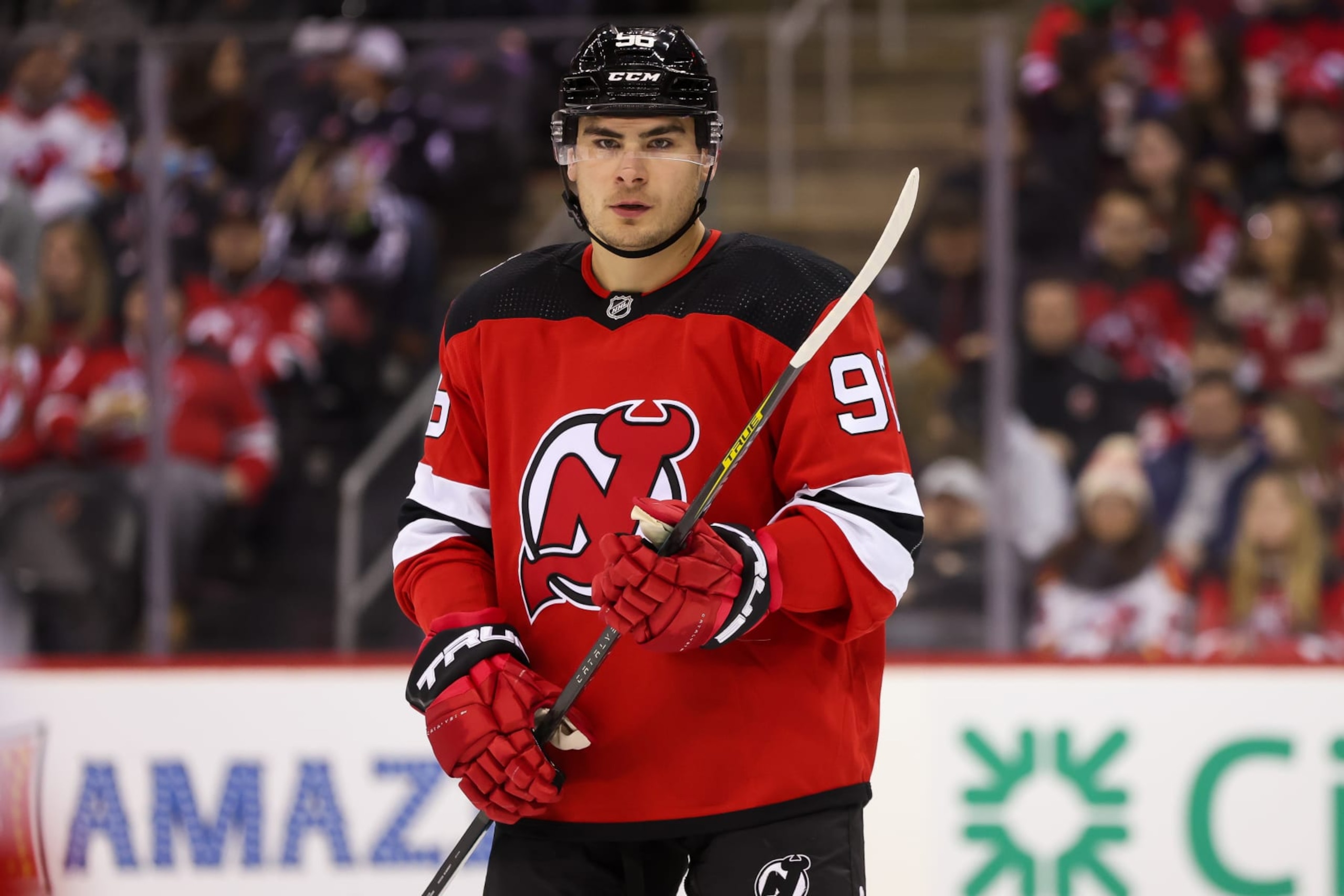 NEWARK, NJ - MARCH 14: New Jersey Devils right wing Timo Meier (96) looks on during the National Hockey League game between the Tampa Bay Lightning and the New Jersey Devils on March 14, 2023 at Prudential Center in Newark, NJ. (Photo by Andrew Mordzynski/Icon Sportswire via Getty Images)