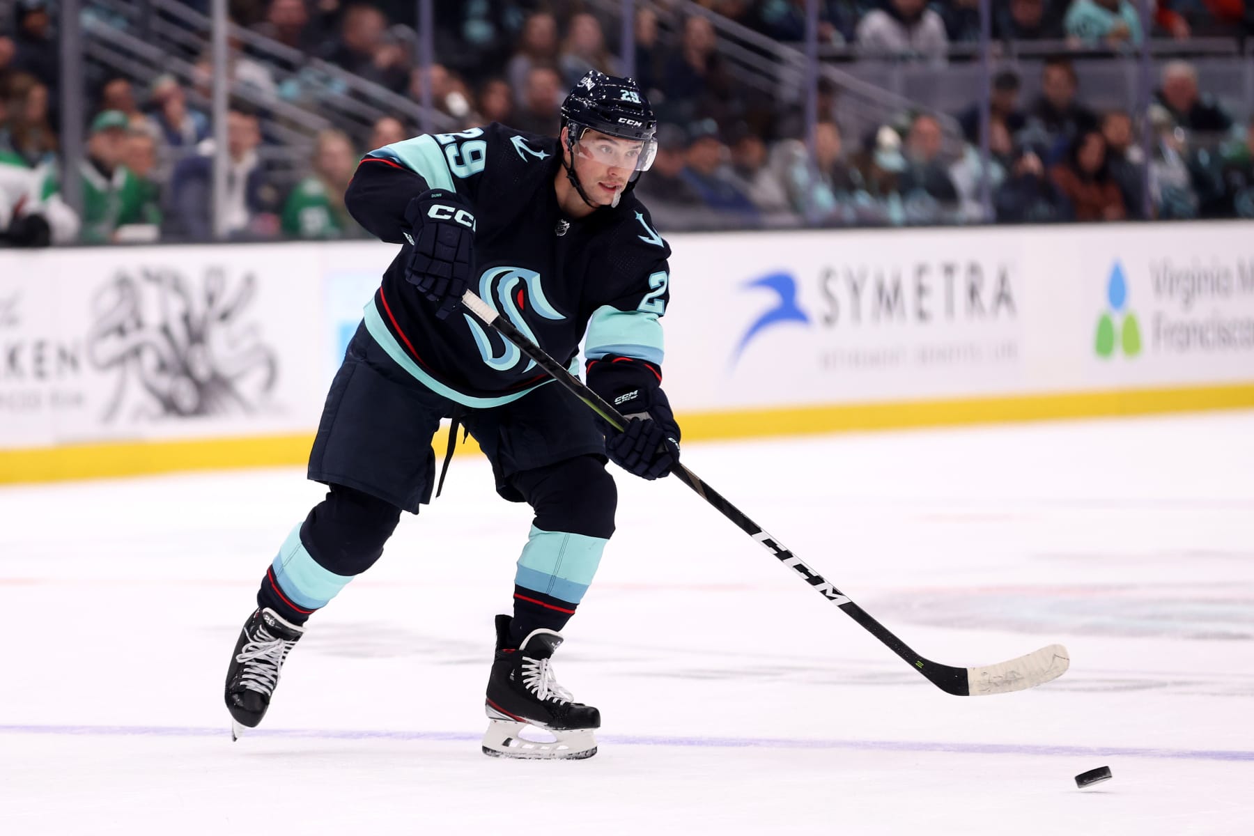 SEATTLE, WASHINGTON - MARCH 13: Vince Dunn #29 of the Seattle Kraken skates against the Dallas Stars during the second period at Climate Pledge Arena on March 13, 2023 in Seattle, Washington. (Photo by Steph Chambers/Getty Images)