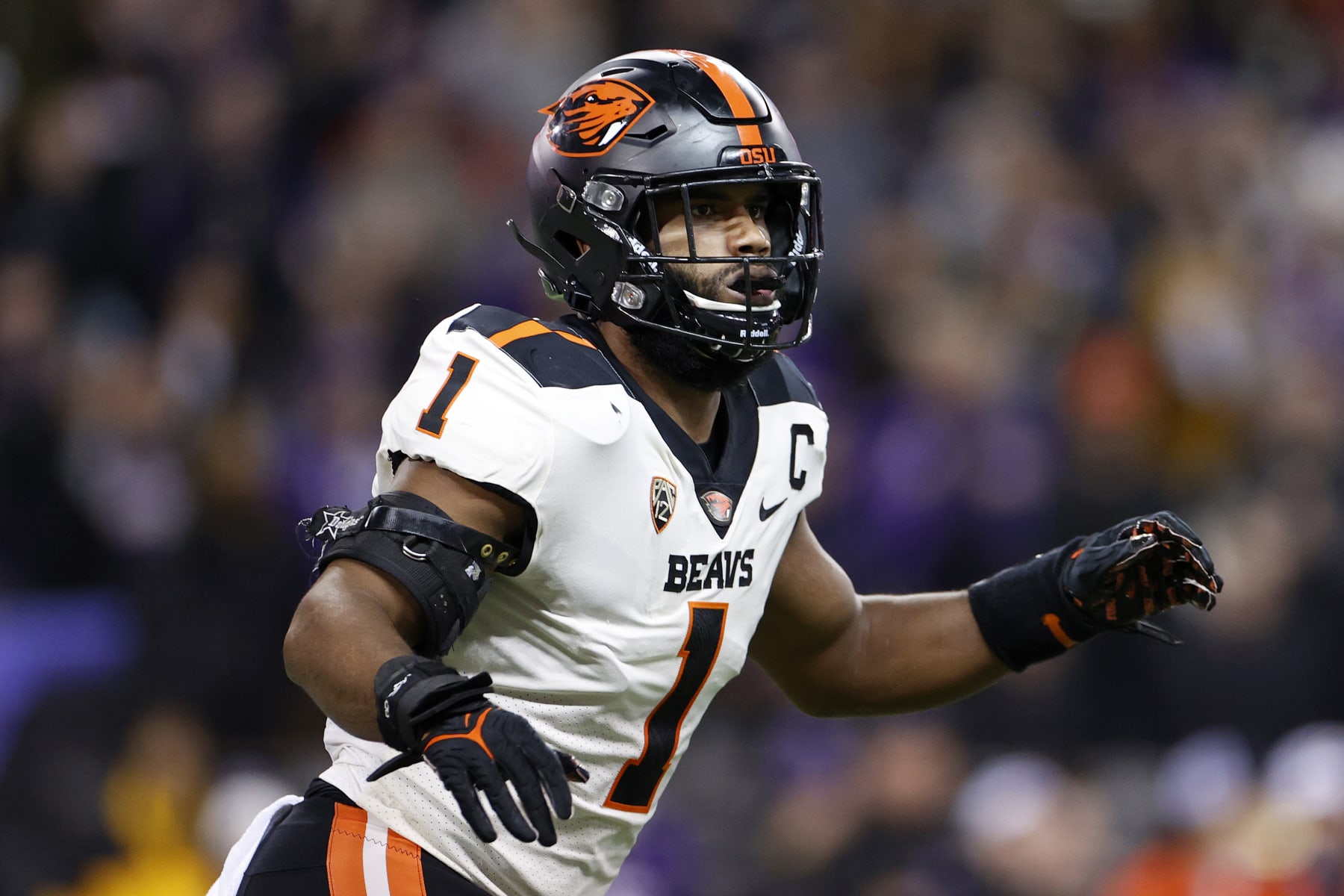 SEATTLE, WASHINGTON - NOVEMBER 04: Omar Speights #1 of the Oregon State Beavers looks on during the first quarter against the Washington Huskies at Husky Stadium on November 04, 2022 in Seattle, Washington. (Photo by Steph Chambers/Getty Images)