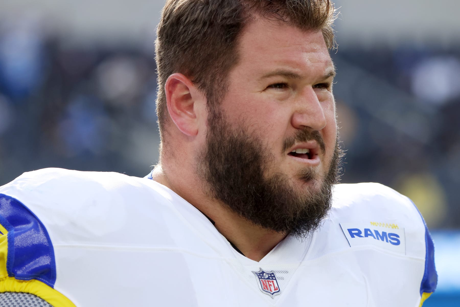 INGLEWOOD, CALIFORNIA - JANUARY 01: Greg Gaines #91 of the Los Angeles Rams looks on during warm ups prior to the game against the Los Angeles Chargers at SoFi Stadium on January 01, 2023 in Inglewood, California. (Photo by Katelyn Mulcahy/Getty Images)