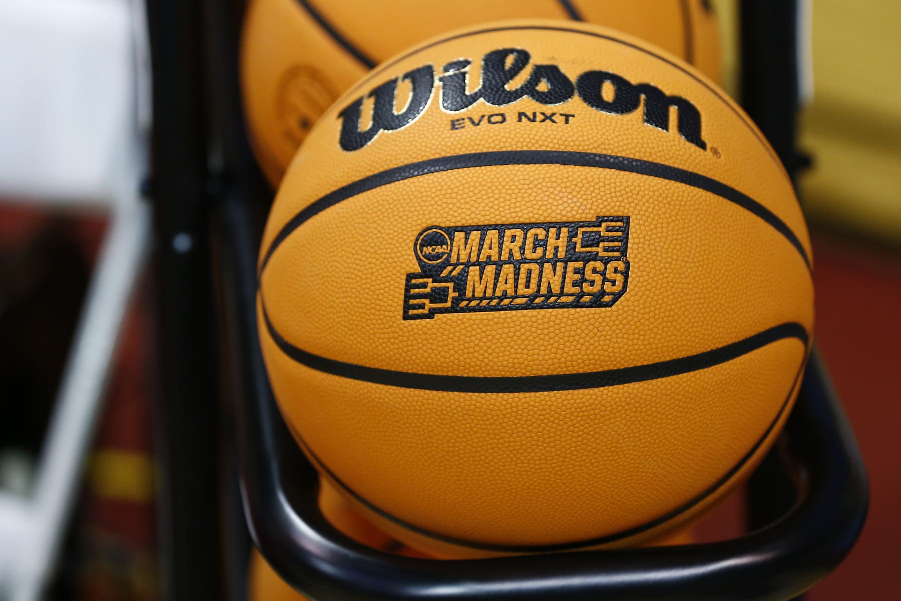 BLOOMINGTON, IN - MARCH 18: The NCAA March Madness Logo on display on a game ball during the Tennessee Tech Golden Eagles game versus the Indiana Hoosiers game in the First Round of the NCAA Women's Basketball Championship Greenville Regional 2 on March 18, 2022 at Assembly Hall in Bloomington, IN.  (Photo by Jeffrey Brown/Icon Sportswire via Getty Images)