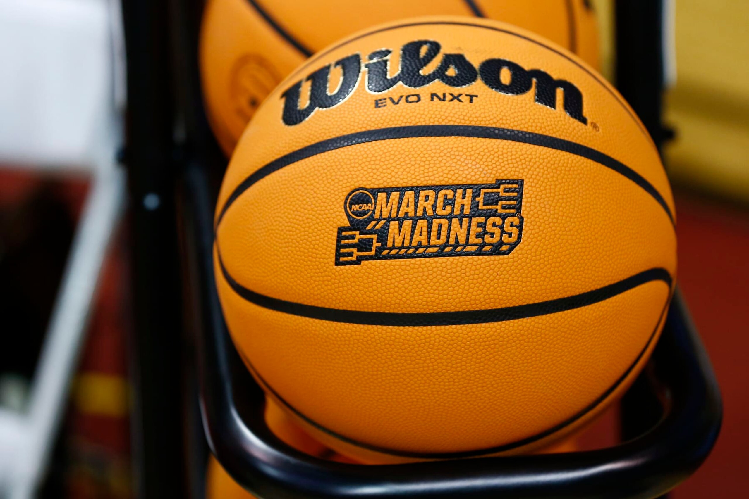 BLOOMINGTON, IN - MARCH 18: The NCAA March Madness Logo on display on a game ball during the Tennessee Tech Golden Eagles game versus the Indiana Hoosiers game in the First Round of the NCAA Women's Basketball Championship Greenville Regional 2 on March 18, 2022 at Assembly Hall in Bloomington, IN.  (Photo by Jeffrey Brown/Icon Sportswire via Getty Images)