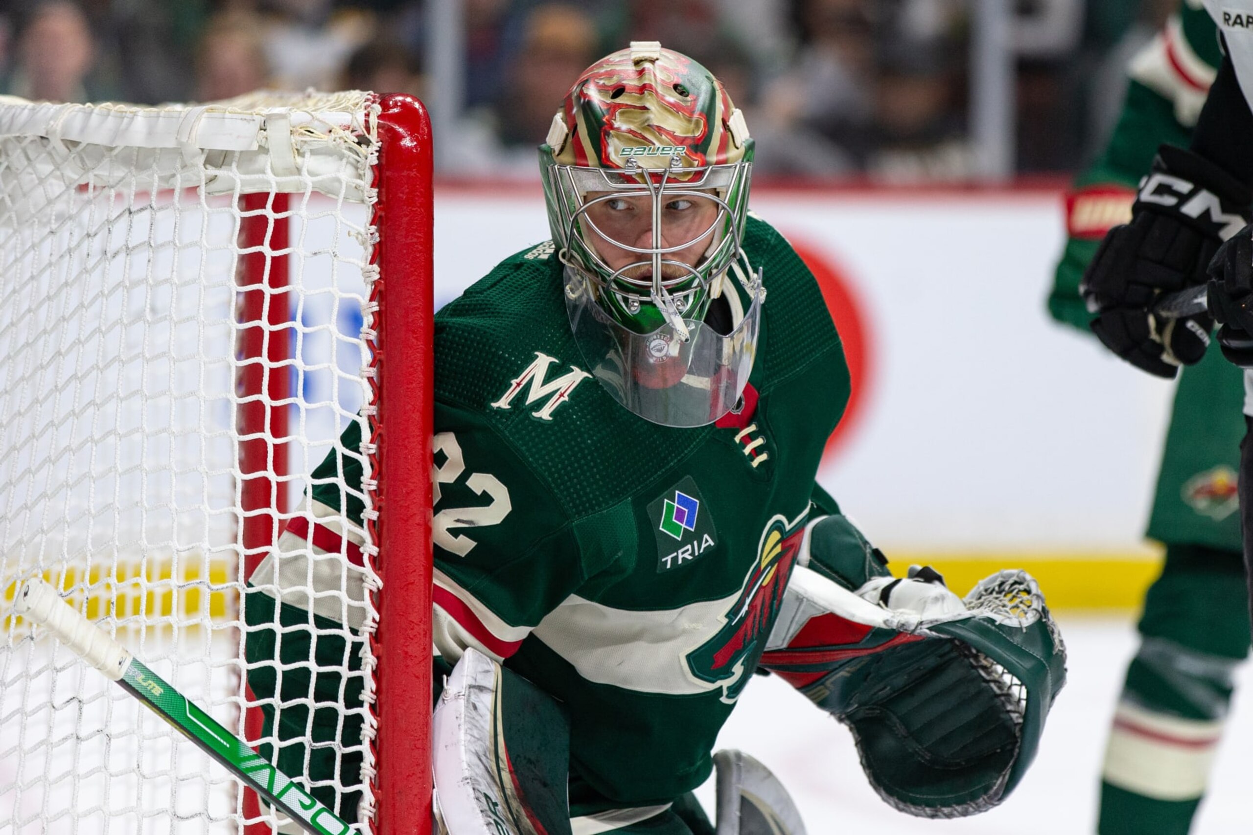 SAINT PAUL, MN - MARCH 18: Minnesota Wild goaltender Filip Gustavsson (32) looks on during the NHL game between the Boston Bruins and Minnesota Wild, on March 18th, 2023, at the Xcel Energy Center in Saint Paul, MN. (Photo by Bailey Hillesheim/Icon Sportswire via Getty Images)