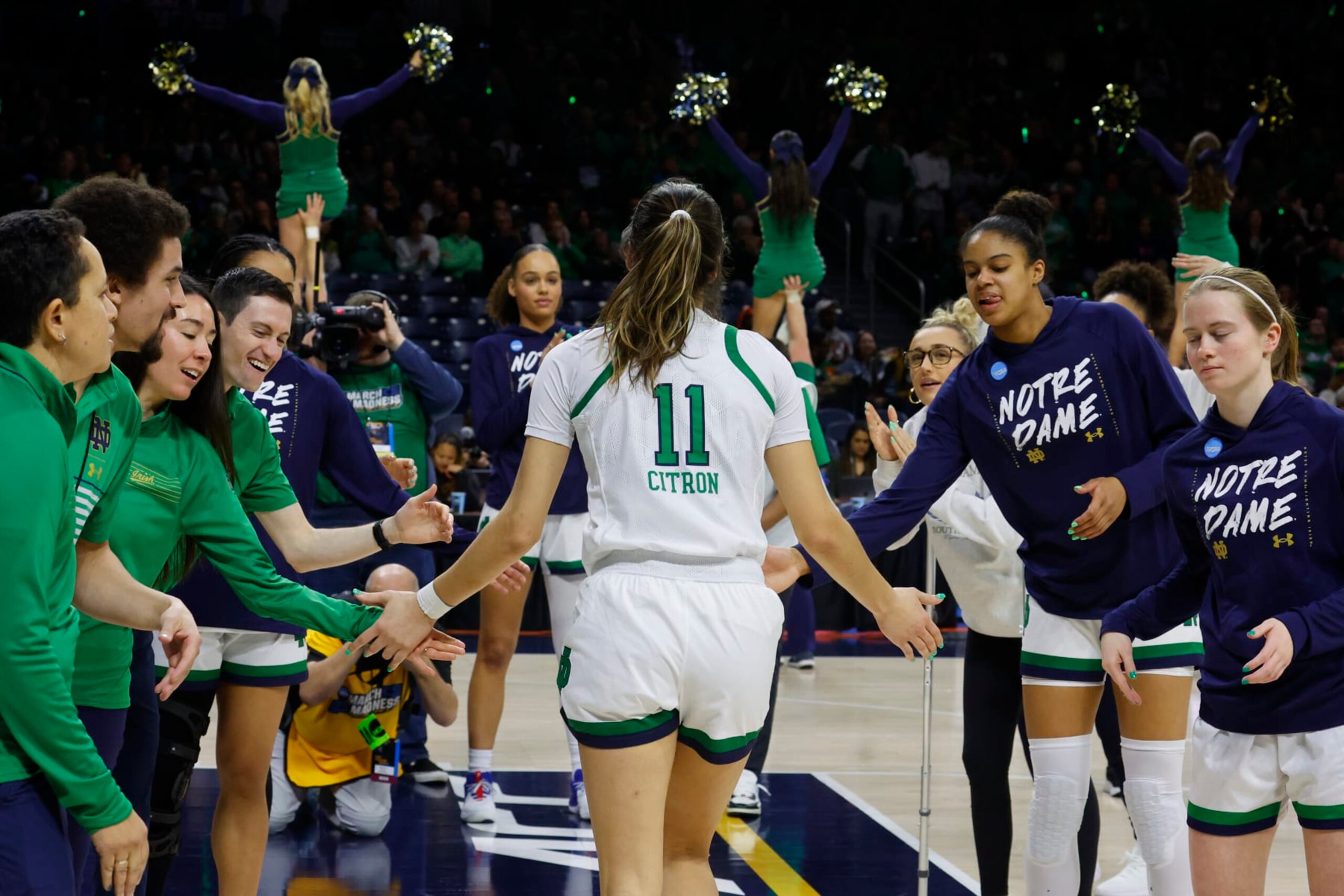 SOUTH BEND, INDIANA - MARCH 17: Notre Dame Fighting Irish guard Sonia Citron (11) coming off bench before the Notre Dame Fighting Irish game versus the Southern Utah Thunderbirds game in the First Four of the NCAA Women's Basketball Championship Greenville Regional 1 on March 17, 2023 at Purcell Pavilion in South Bend, IN.
(Photo by Marcus Snowden/Icon Sportswire via Getty Images)