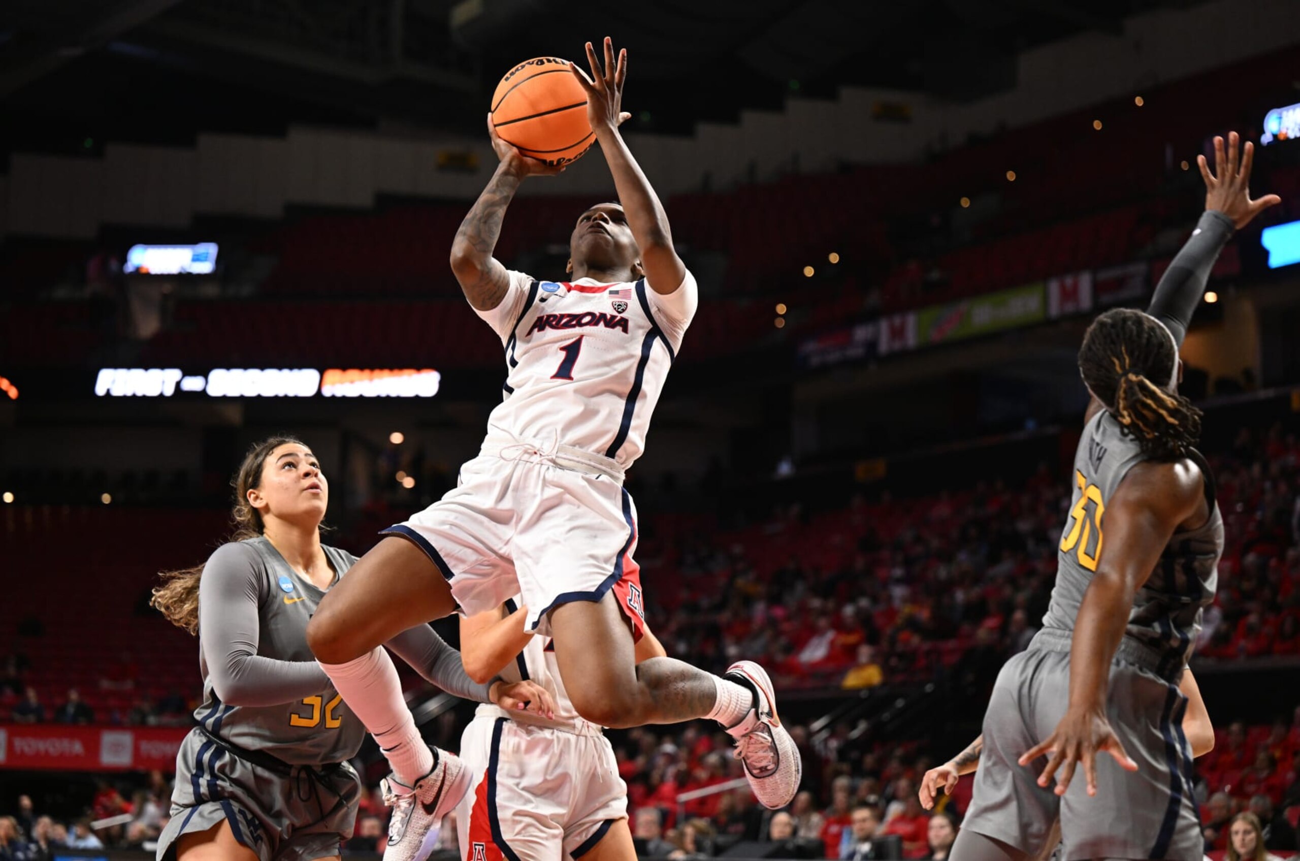 COLLEGE PARK, MD - MARCH 17: Shaina Pellington #1 of the Arizona Wildcats shoots in the second half of the  first round of the 2023 NCAA Women's Basketball Tournament held at the Xfinity Center on March 17, 2023 in College Park, Maryland. (Photo by Greg Fiume/NCAA Photos via Getty Images)