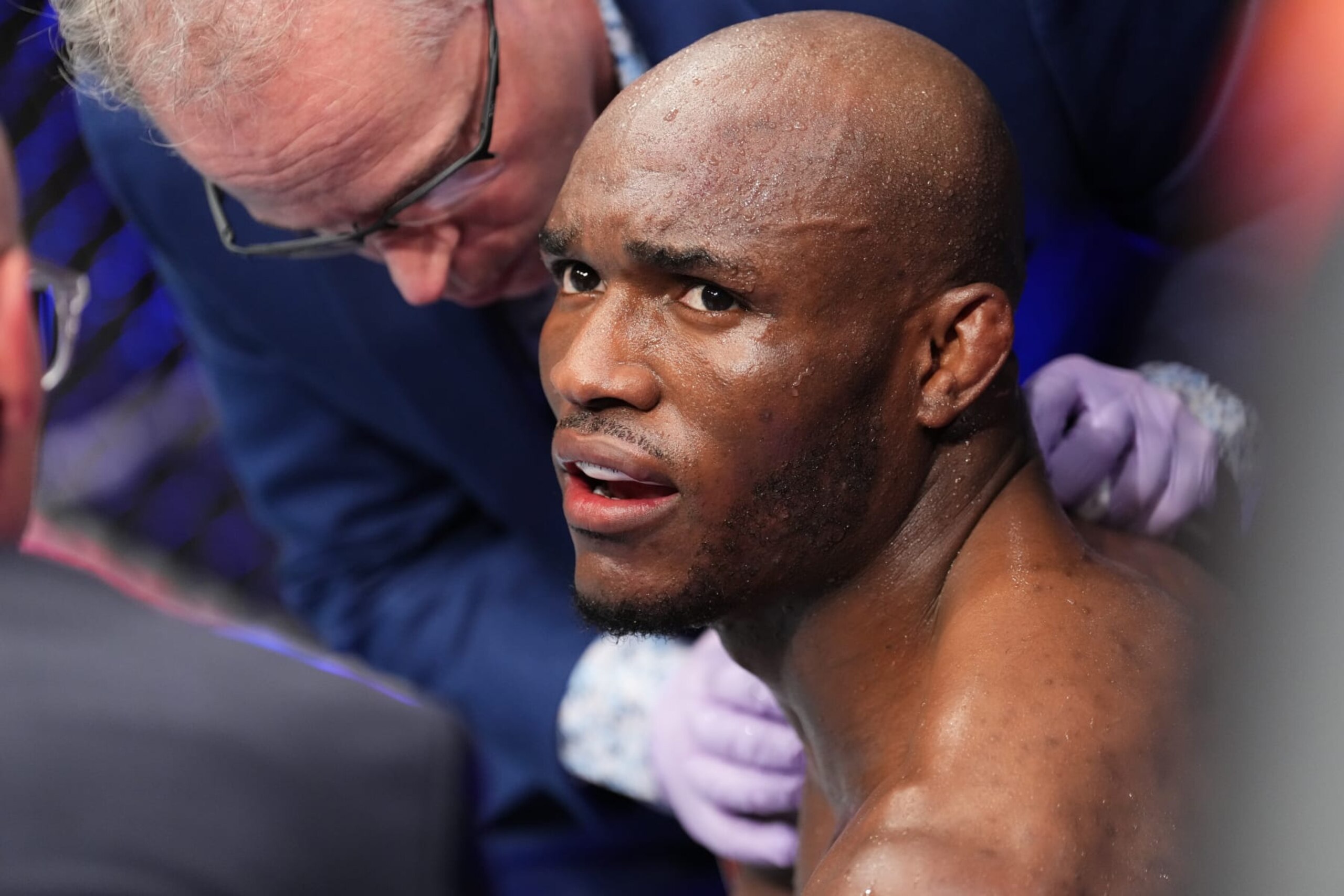 SALT LAKE CITY, UTAH - AUGUST 20: Kamaru Usman of Nigeria reacts after being defeated by Leon Edwards of Jamaica in the UFC welterweight championship fight during the UFC 278 event at Vivint Arena on August 20, 2022 in Salt Lake City, Utah. (Photo by Josh Hedges/Zuffa LLC)
