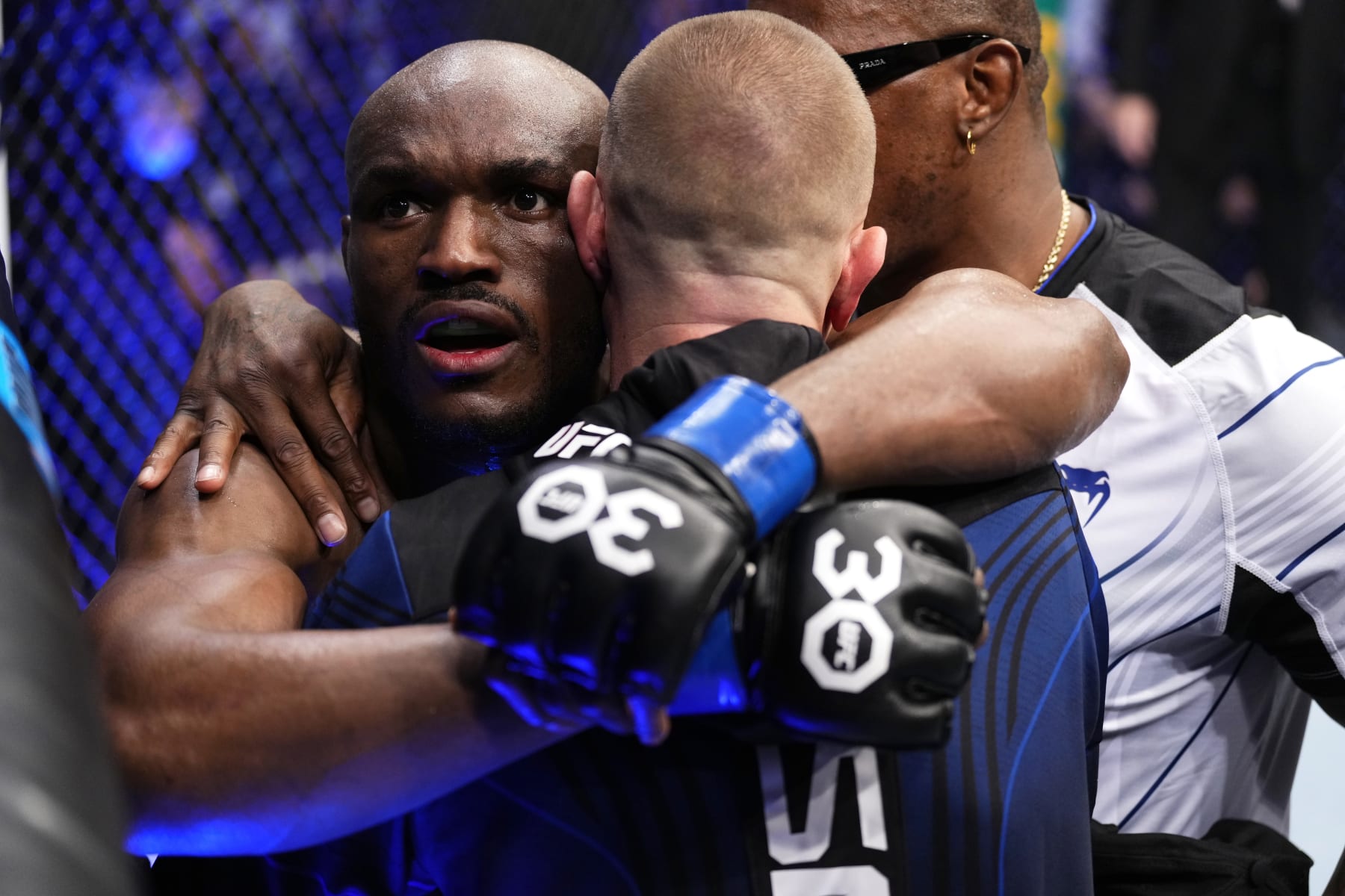 LONDON, ENGLAND - MARCH 18: Kamaru Usman of Nigeria reacts after the conclusion of his UFC welterweight championship fight against Leon Edwards of Jamaica during the UFC 286 event at The O2 Arena on March 18, 2023 in London, England. (Photo by Jeff Bottari/Zuffa LLC via Getty Images)