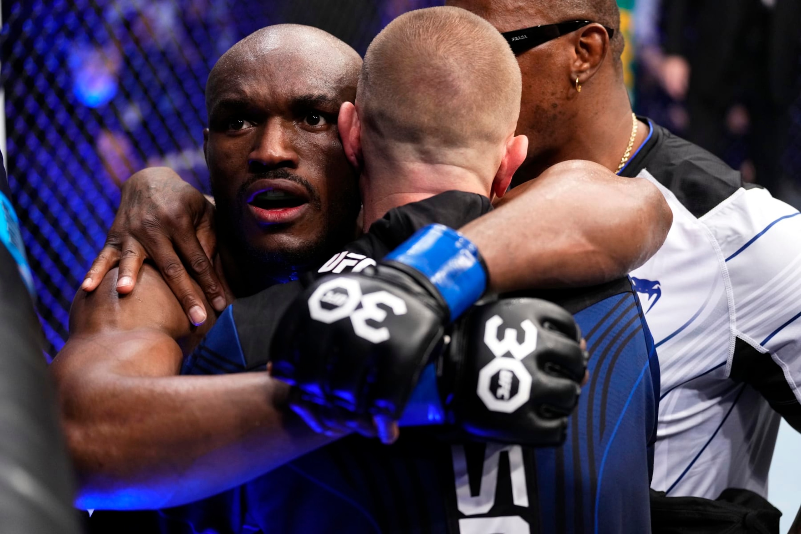 LONDON, ENGLAND - MARCH 18: Kamaru Usman of Nigeria reacts after the conclusion of his UFC welterweight championship fight against Leon Edwards of Jamaica during the UFC 286 event at The O2 Arena on March 18, 2023 in London, England. (Photo by Jeff Bottari/Zuffa LLC via Getty Images)