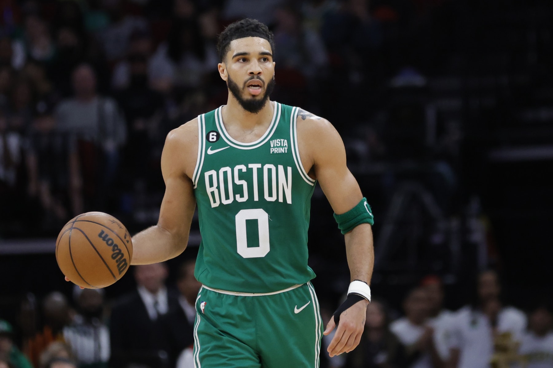HOUSTON, TEXAS - MARCH 13: Jayson Tatum #0 of the Boston Celtics in action against the Houston Rockets at Toyota Center on March 13, 2023 in Houston, Texas. NOTE TO USER: User expressly acknowledges and agrees that, by downloading and or using this photograph, User is consenting to the terms and conditions of the Getty Images License Agreement. (Photo by Carmen Mandato/Getty Images)